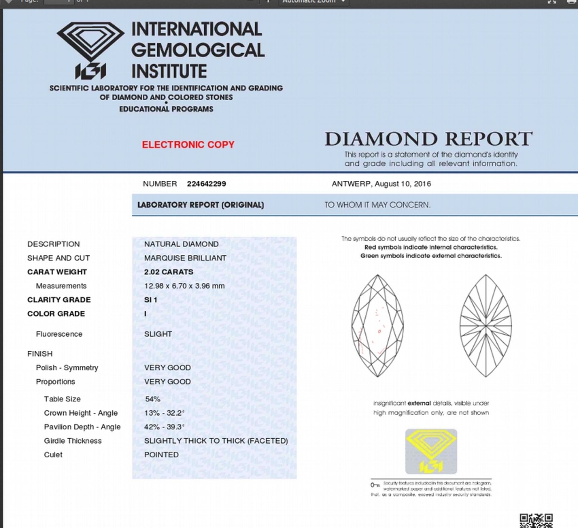2.02ct single marquise cut diamond. Measurements 12.98 x 6.70 x 3.98mm. I colour, si1 clarity. - Image 3 of 3