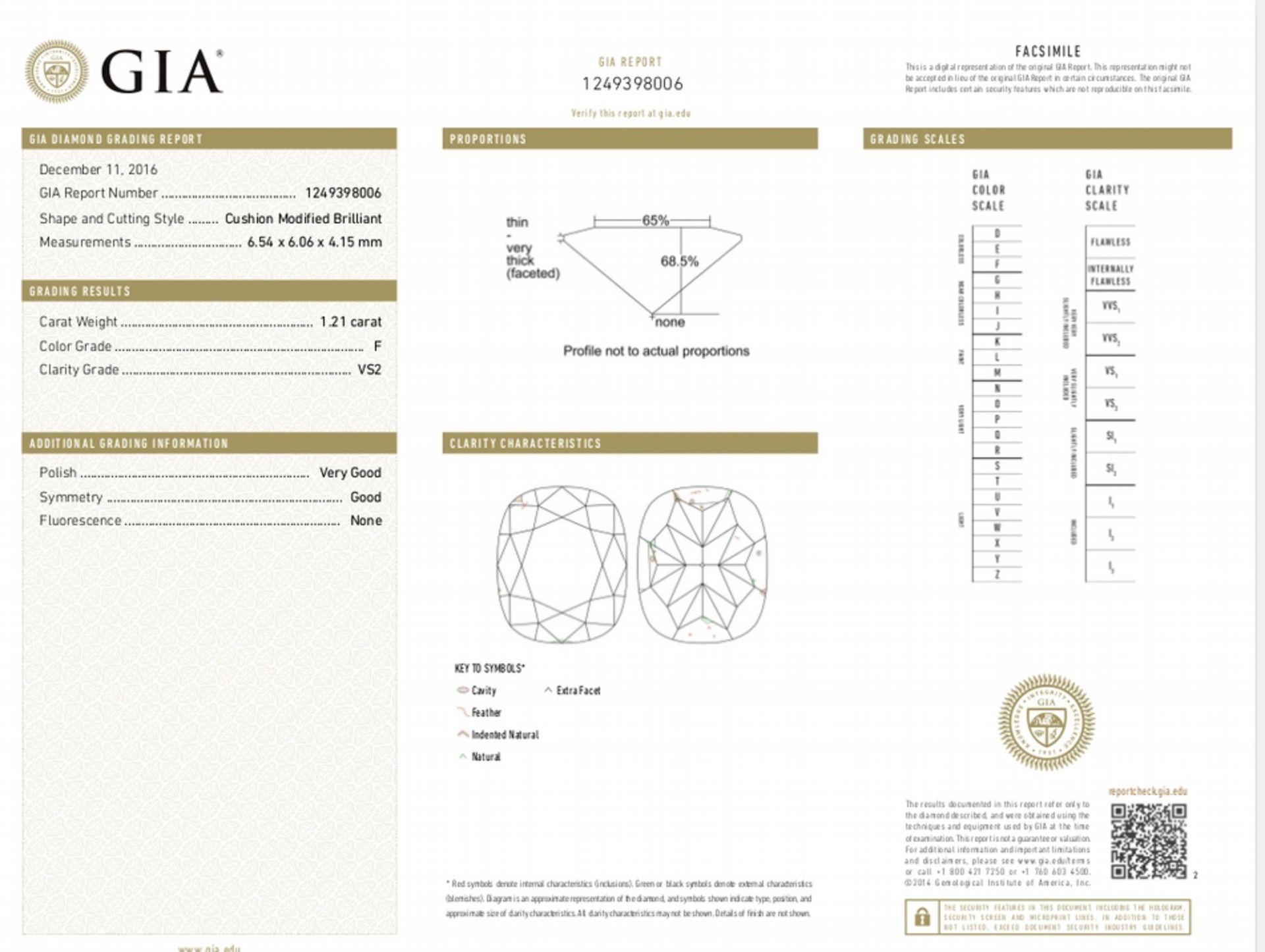 1.21ct cushion cut diamond, F colour and VS2 clarity. Measures 6.54 x 6.06 x 4.15mm. GIA certificate - Image 6 of 6