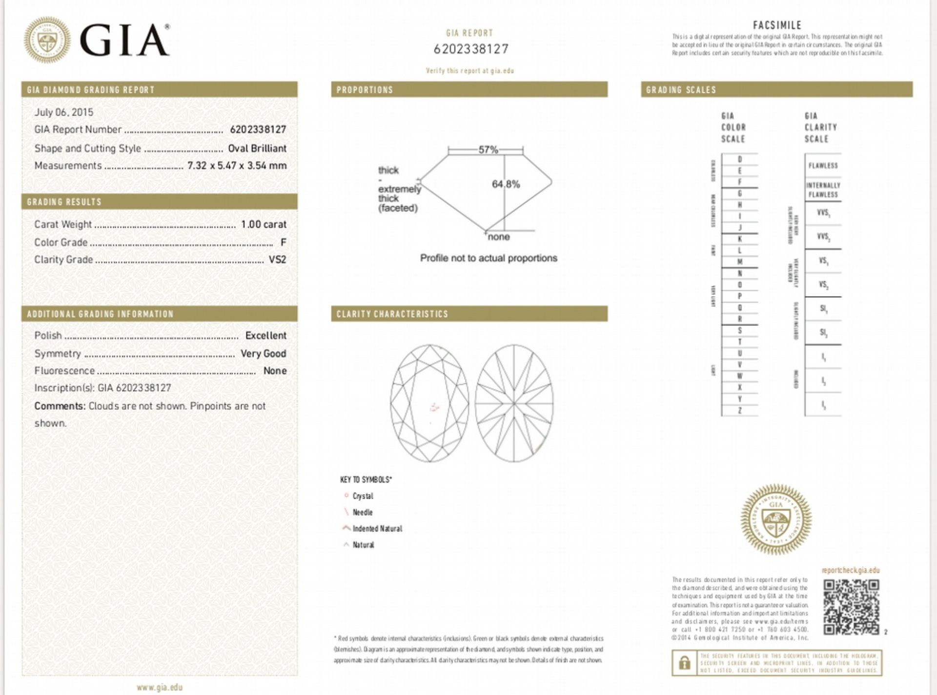 1.00ct single oval cut diamond, F colour and VS2 clarity. Measures 7.32 x 5.47 x 3.54mm. GIA - Image 6 of 6