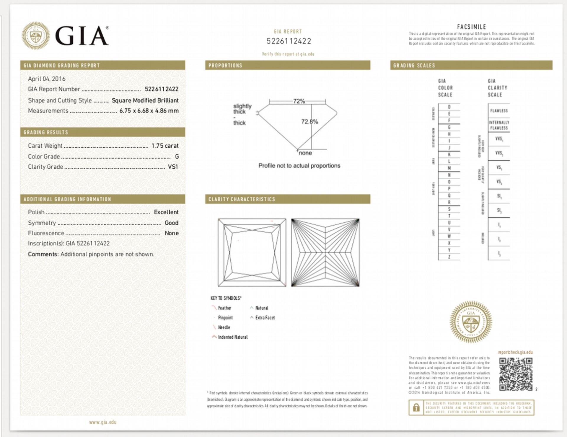 1.75ct single princess cut diamond. Measurements 6.75 x 6.68 x 4.86mm. G colour and VS1 clarity. - Image 6 of 6