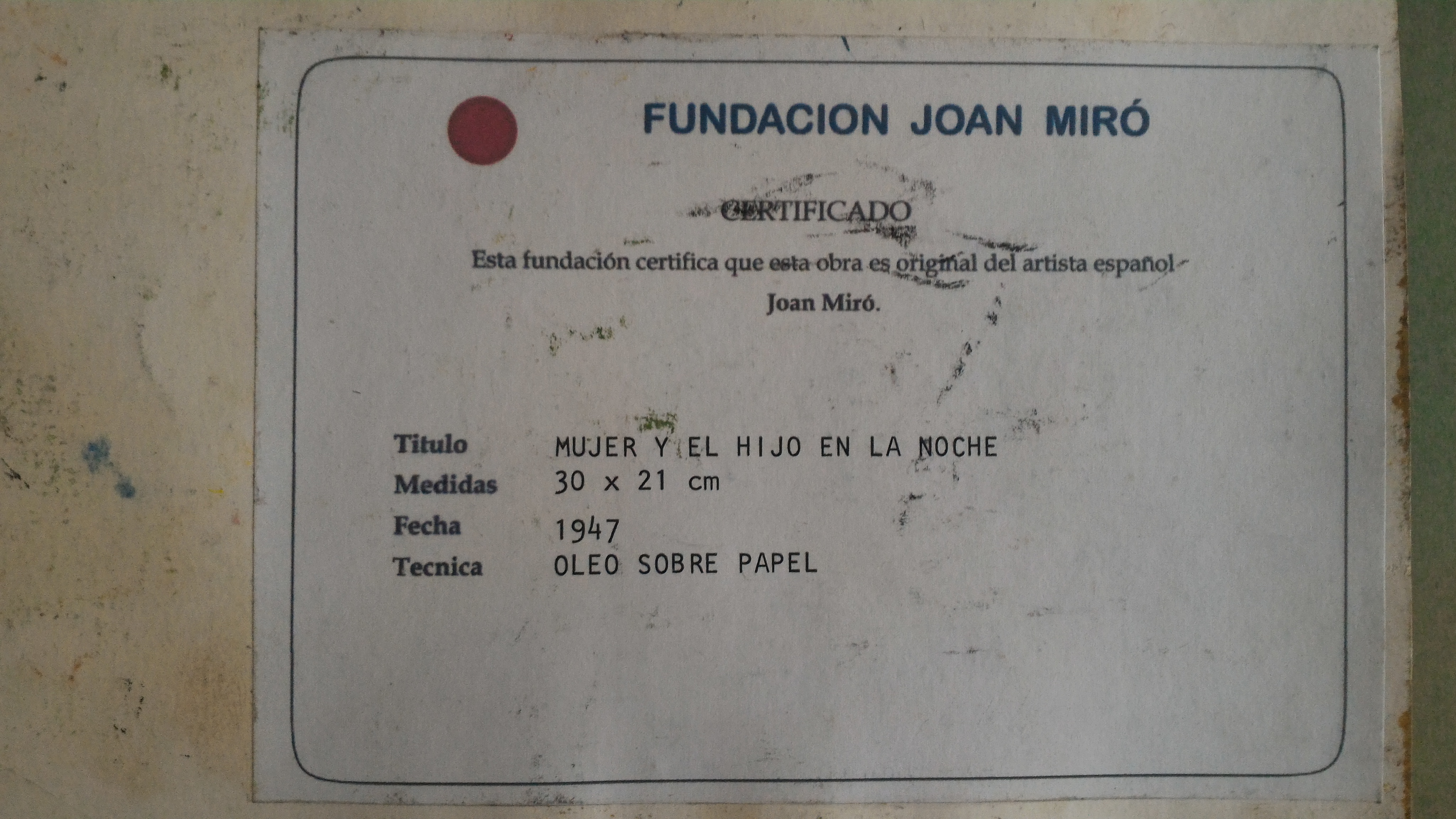 Oil on paper abstract signed Miro - dated 1947 & Titled la mujer y el hijo en la noche. - Image 4 of 5