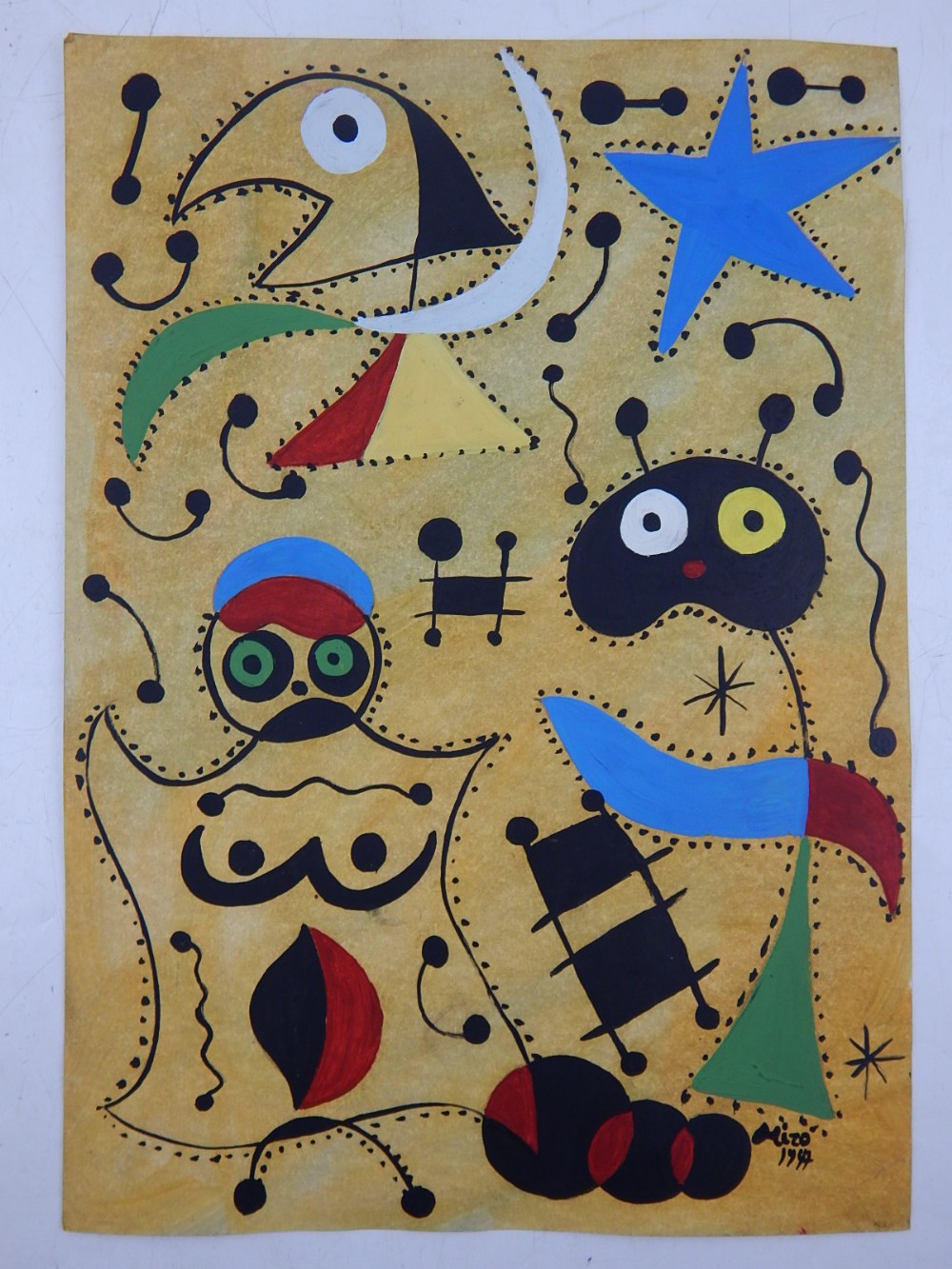 Oil on paper abstract signed Miro - dated 1947 & Titled la mujer y el hijo en la noche.