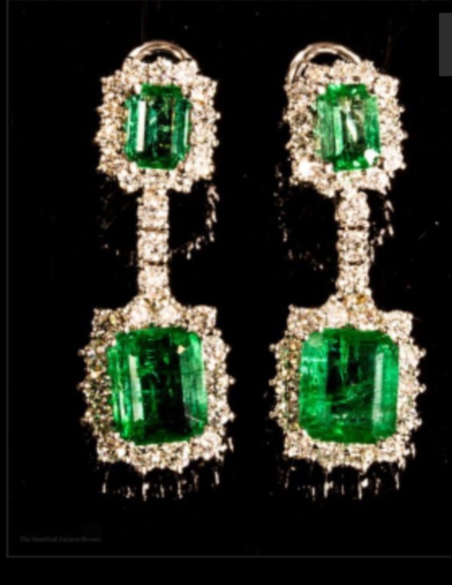 Pair of Emerald (8ct) & Diamond (3ct) earrings set in white gold.