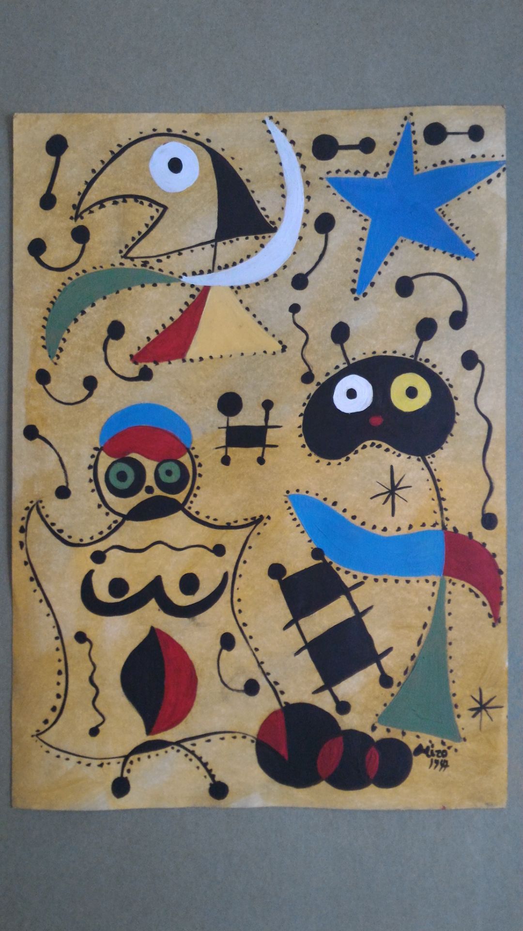 Oil on paper abstract signed Miro - dated 1947 & Titled la mujer y el hijo en la noche. - Image 2 of 5