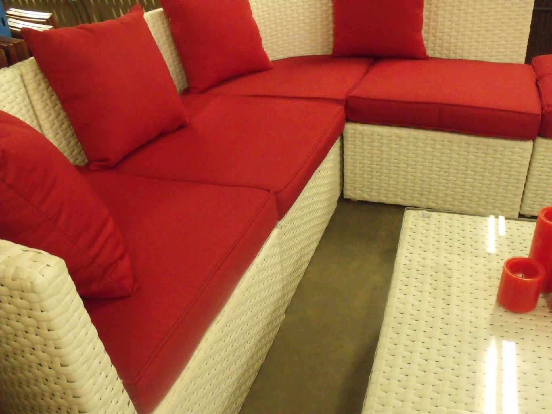 Paphos 6 piece All Weather Rattan Corner Sofa Set Aluminium frame white in colour with Red throw - Image 2 of 3