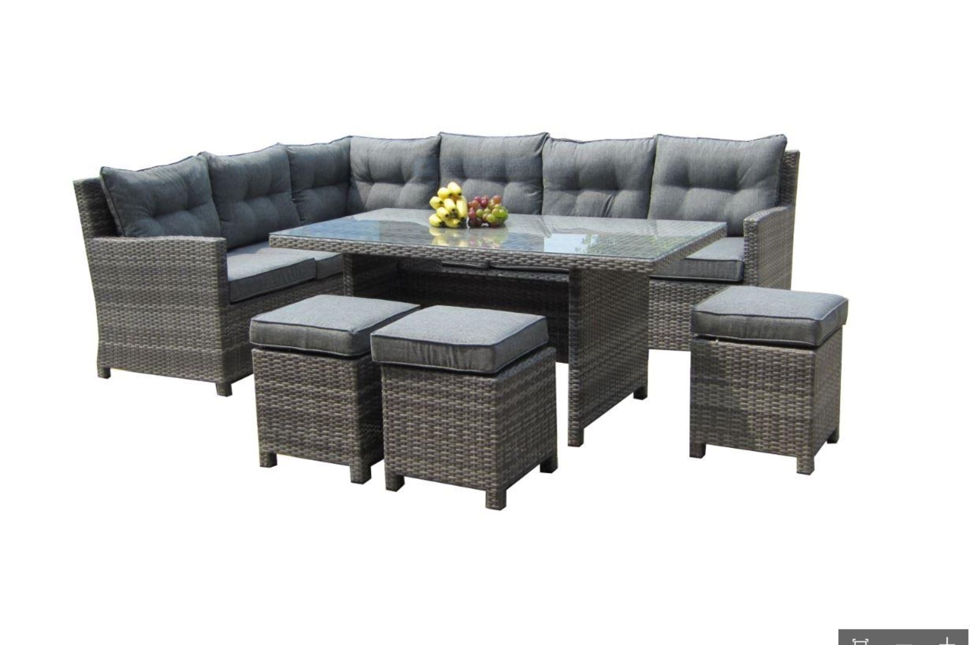 The Grace corner dining set in a multi grey all weather rattan with contrasting grey cushions is the