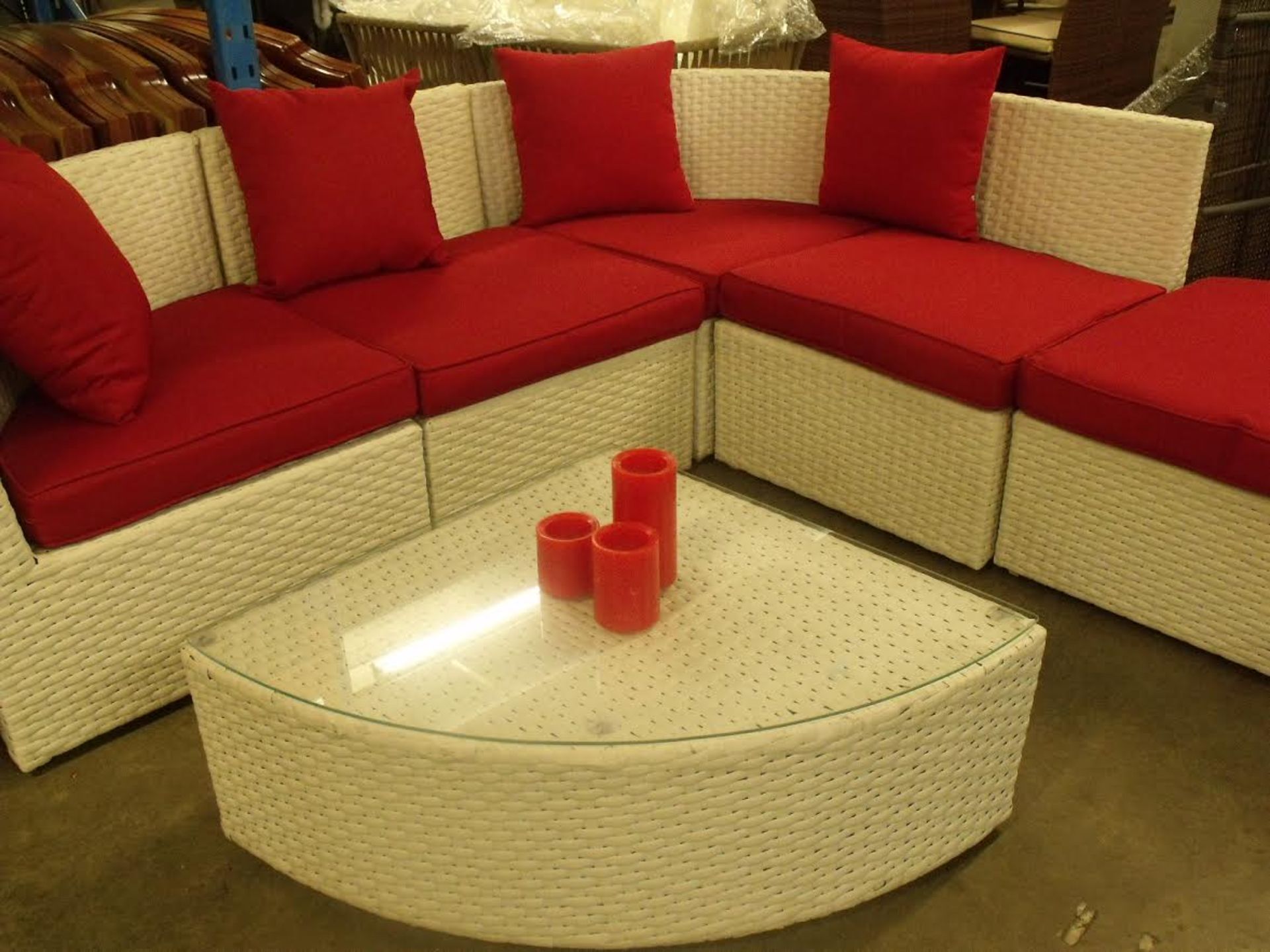 Paphos 6 piece All Weather Rattan Corner Sofa Set Aluminium frame white in colour with Red throw - Image 3 of 3