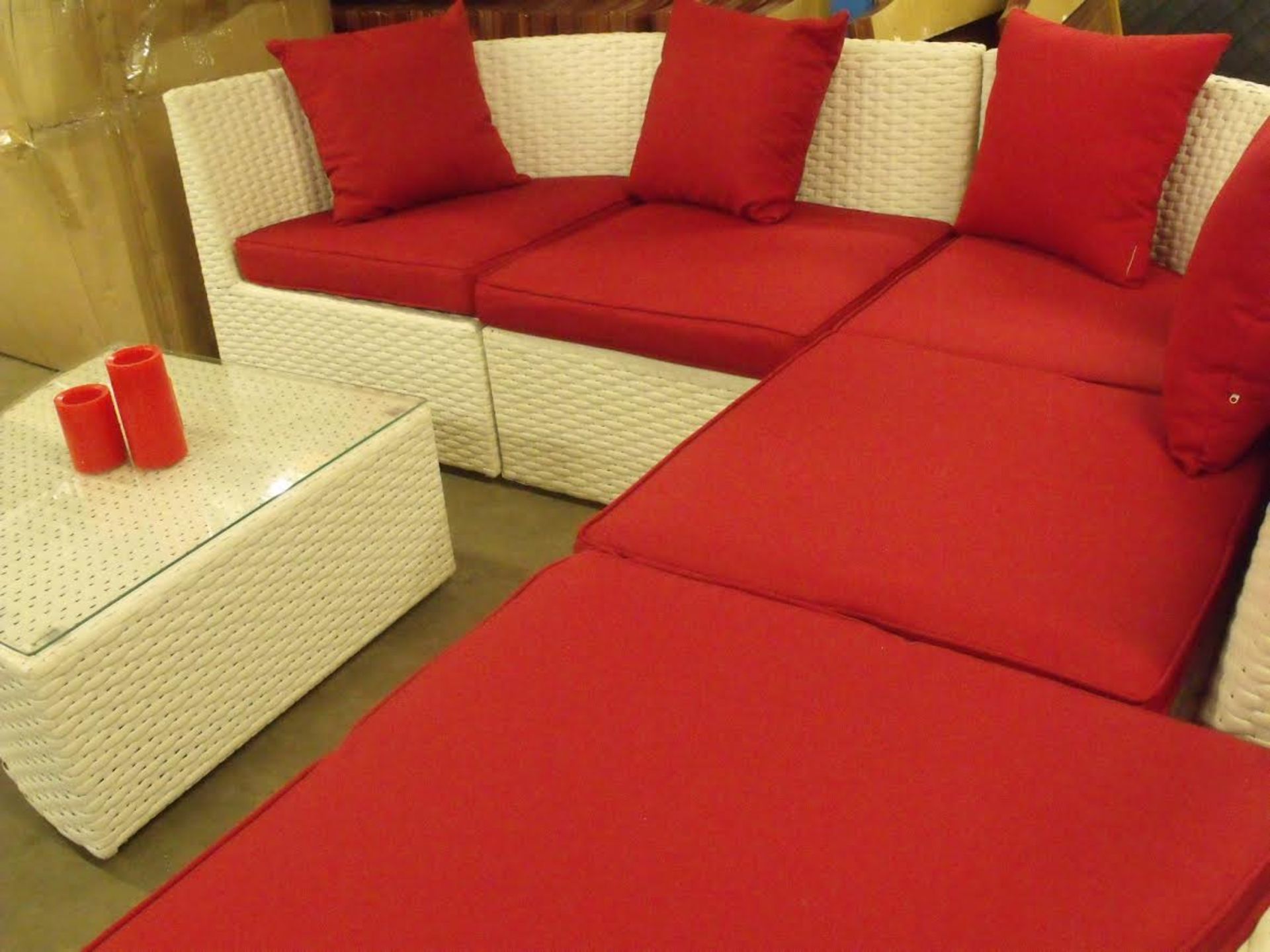 Paphos 6 piece All Weather Rattan Corner Sofa Set Aluminium frame white in colour with Red throw