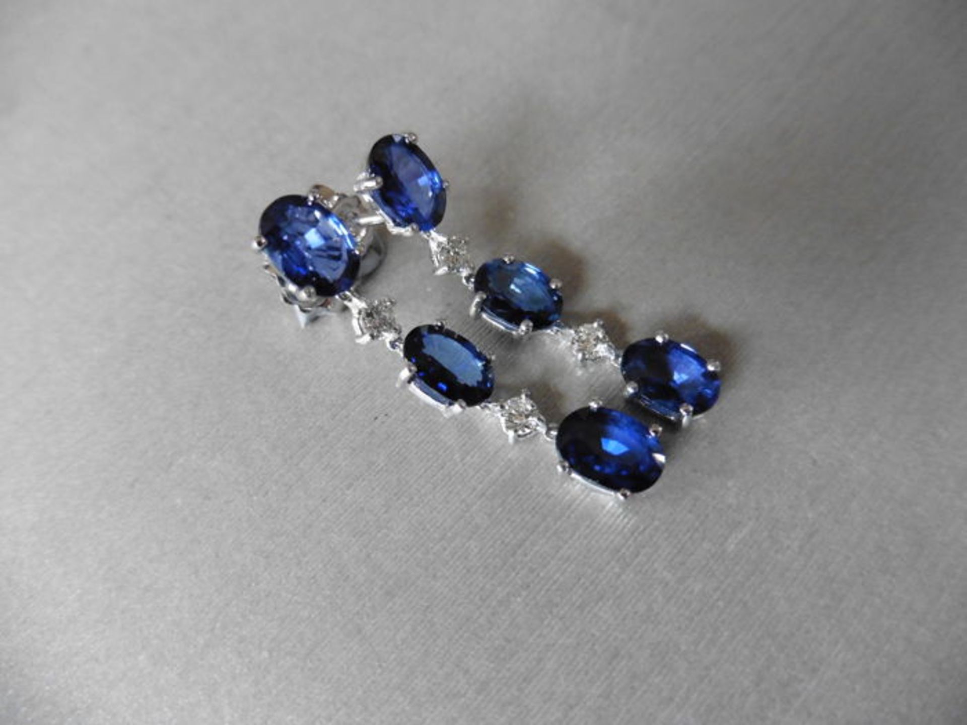 4.80ct sapphire and diamond drop earrings set in platinum. Each set with 3 oval cut sapphires ( - Image 3 of 3