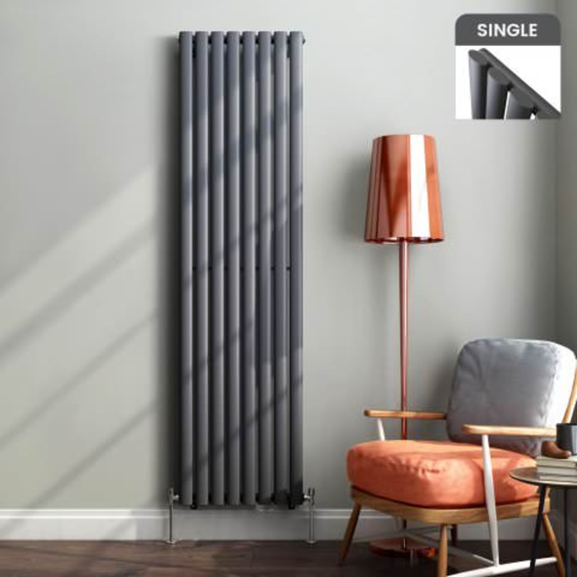 (K346) 1800x480mm Anthracite Single Oval Tube Vertical Radiator - Ember Premium. RRP £223.99.