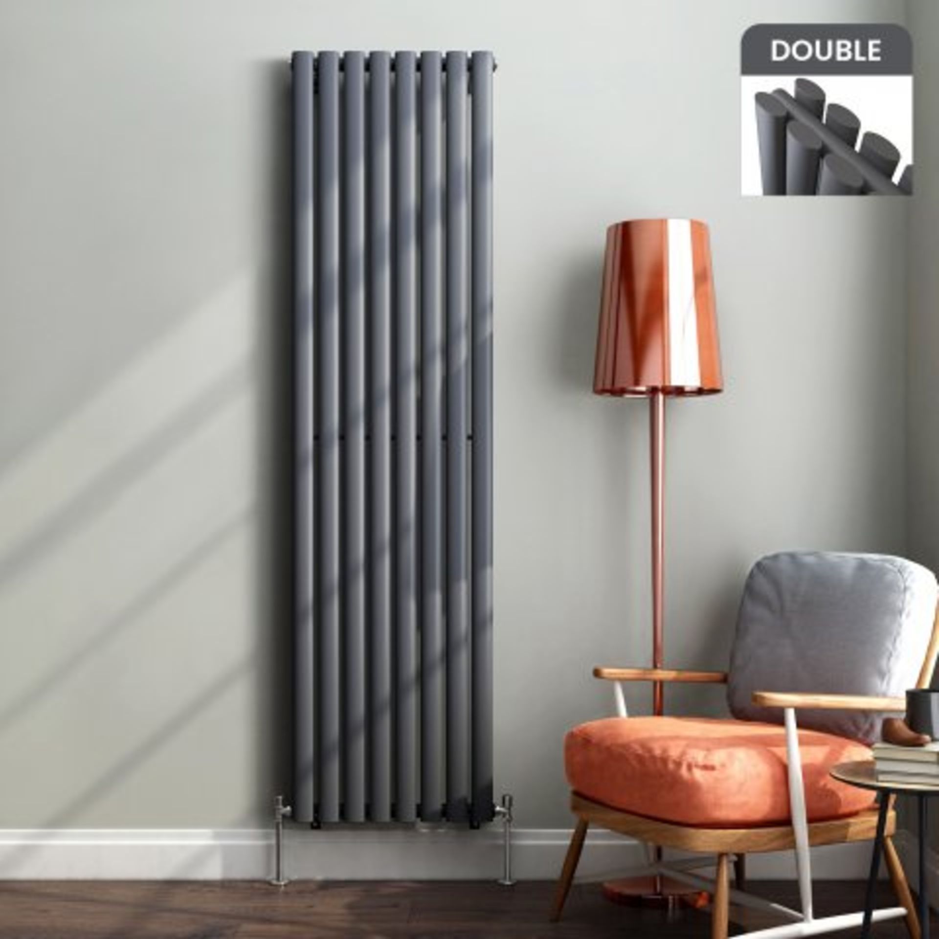 (K73) 1800x480mm Anthracite Double Oval Tube Vertical Radiator - Ember Premium. RRP £319.99.