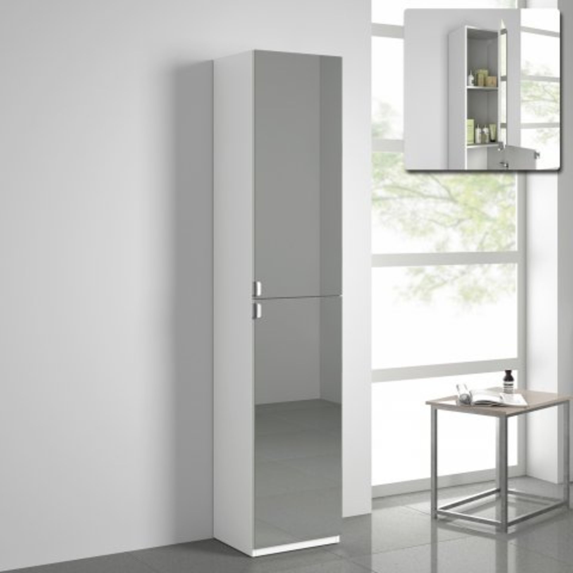 (K27) 1700x350mm Mirrored Door Matte White Tall Storage Cabinet - Floor Standing. RRP £339.99.