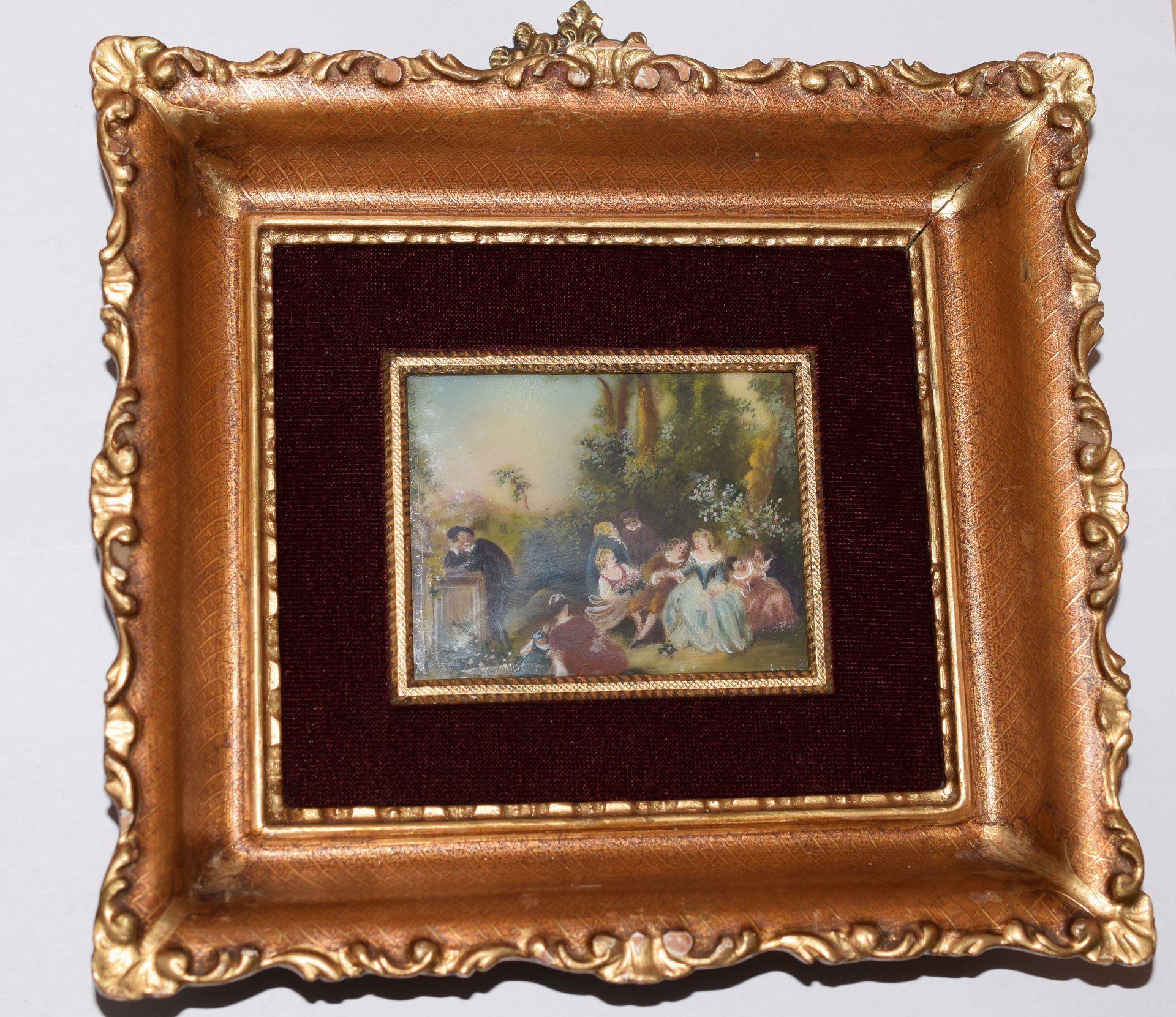 Italian Miniature Oil On Celluloid Of A Solitary Man Apart From Group