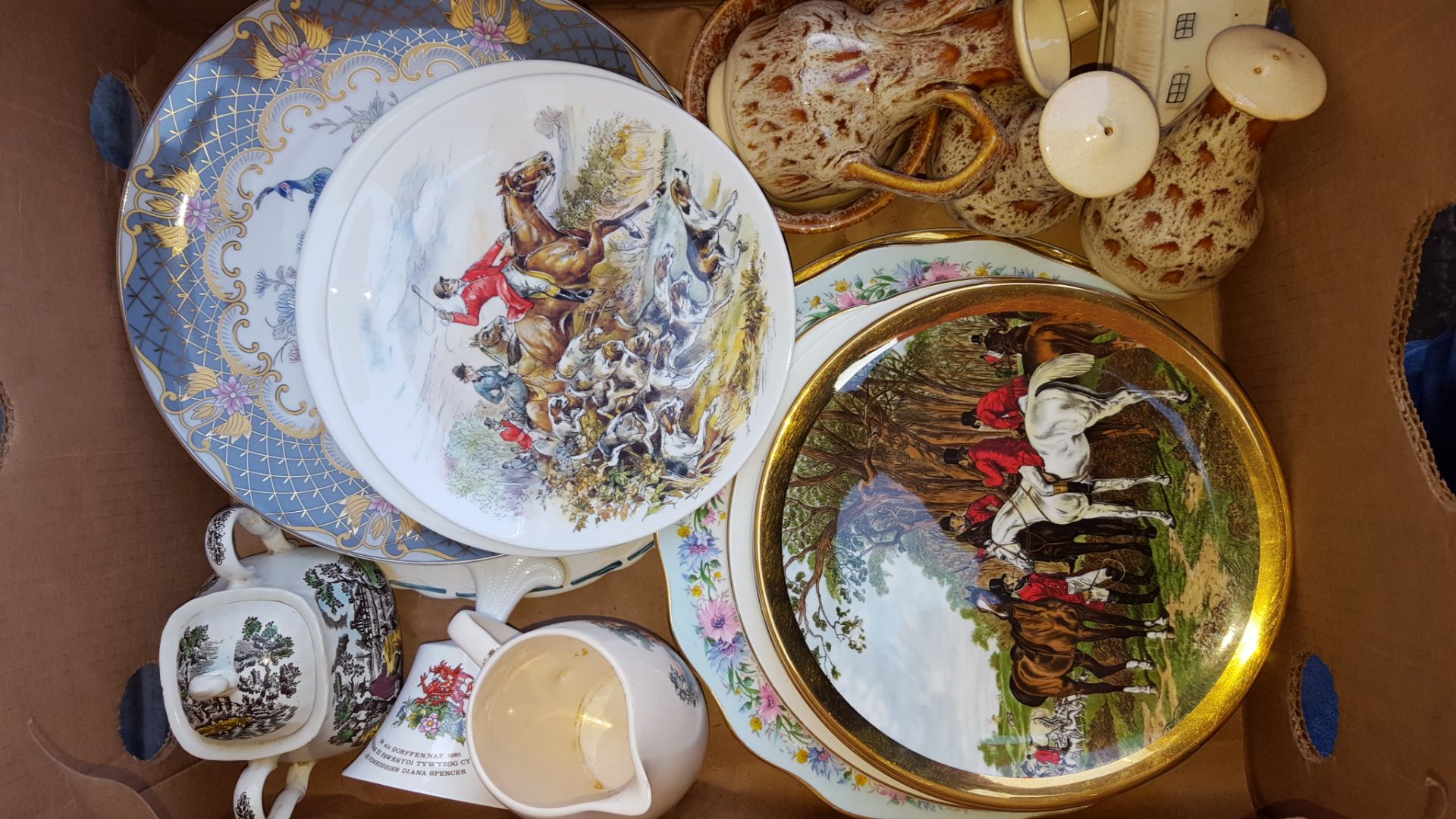 Box of Assorted Plates with Hunting or Game Scenes