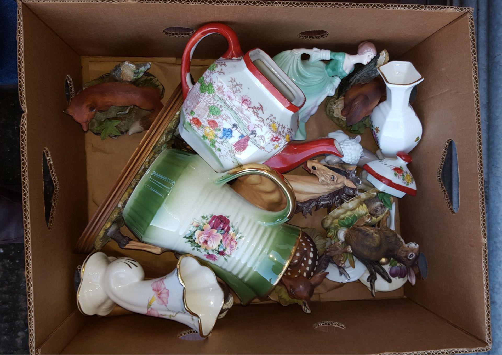 Box of Assorted Animal Figures & China Items