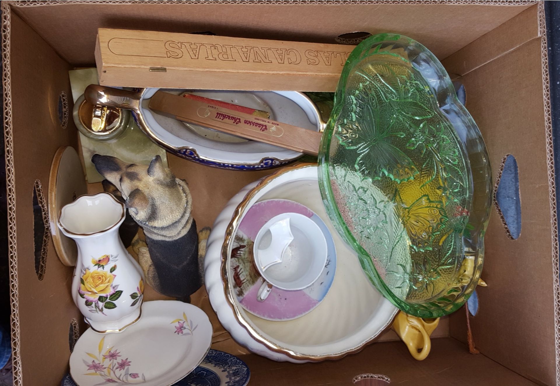 Box of Assorted China Pottery Cigars & Glass