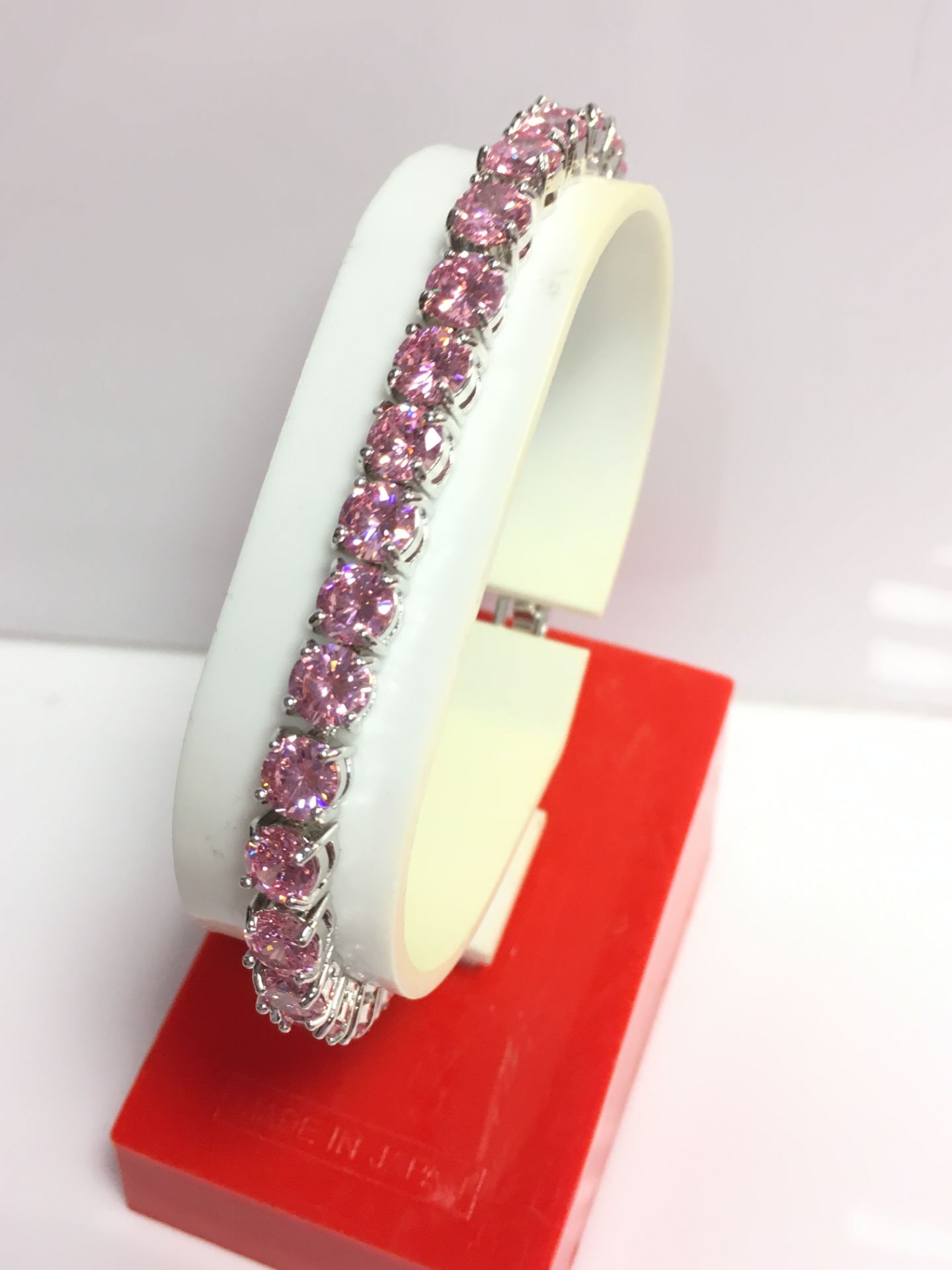 Brand New Platinum Plated Round Pink Imitation Diamond Tennis Bracelet Genuine Swarovski Element - Image 3 of 3