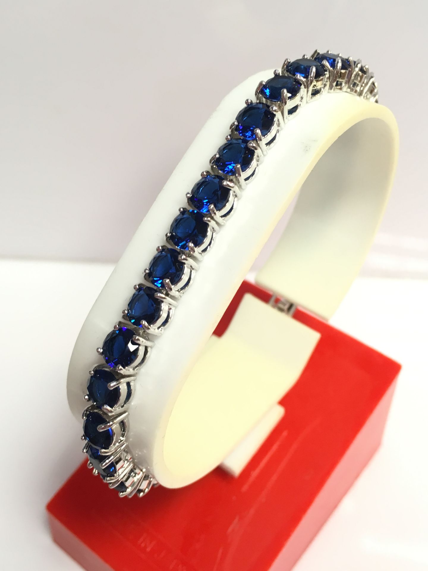 Brand New Platinum Plated Round Blue Imitation Diamond Tennis Bracelet Genuine Swarovski Element - Image 2 of 2