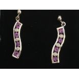 Pair Sterling Silver(925) Amethyst & Diamond Drop Earrings