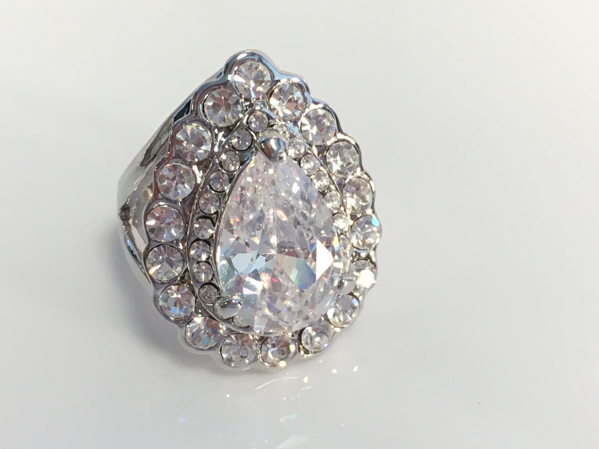 Brand New Pear Shape Simulated Silver Swarovski Elements Cocktail Ring