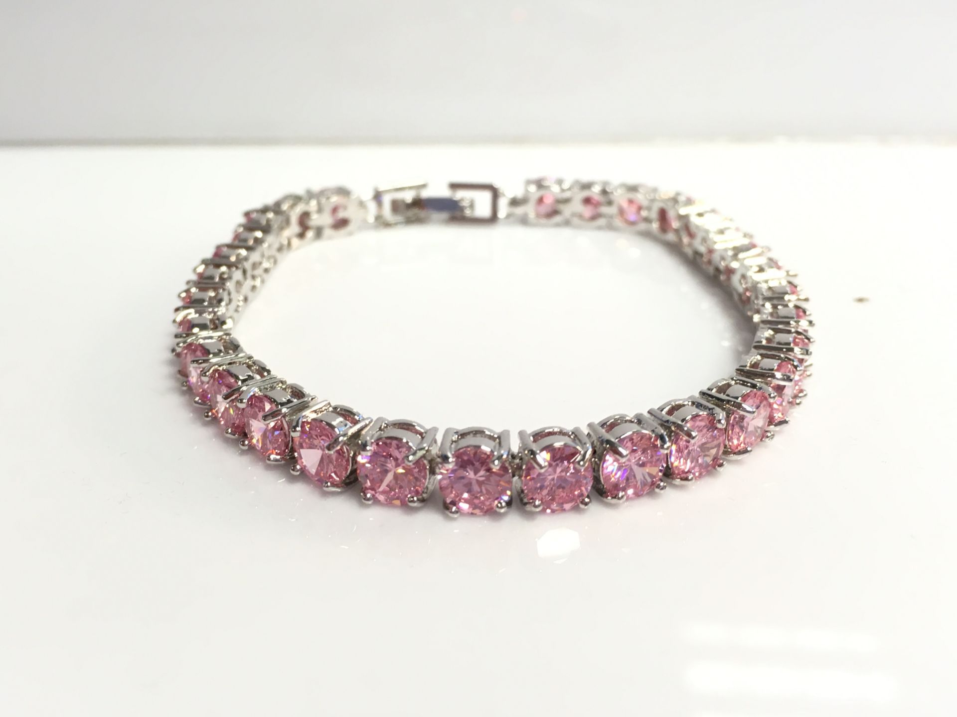 Brand New Platinum Plated Round Pink Imitation Diamond Tennis Bracelet Genuine Swarovski Element