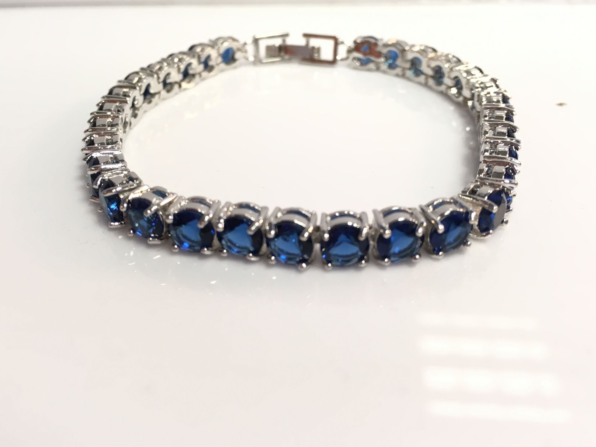 Brand New Platinum Plated Round Blue Imitation Diamond Tennis Bracelet Genuine Swarovski Element