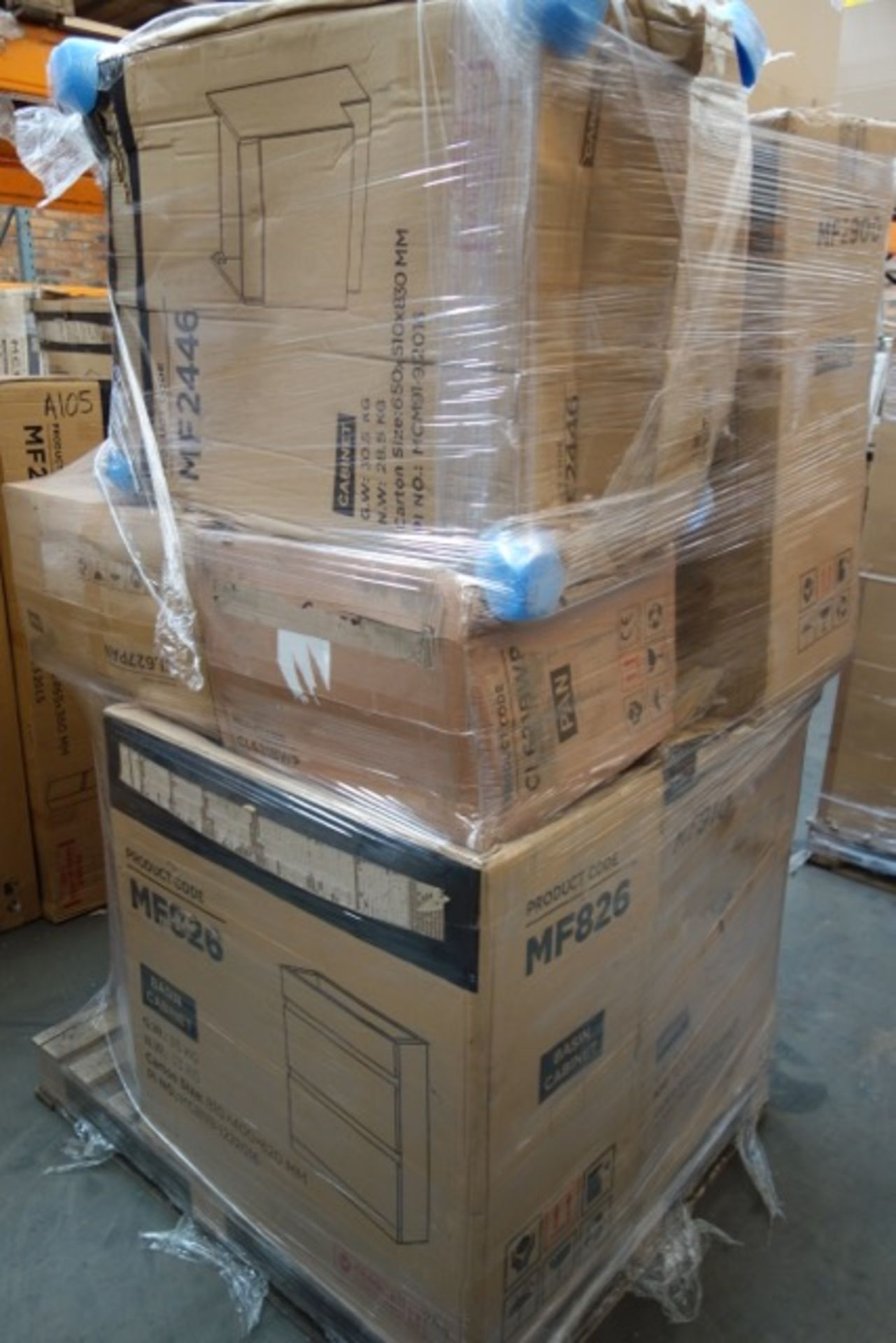 (N204) PALLET TO CONTAIN 15 x ITEMS OF VARIOUS BATHROOM STOCK INCLUDING: BASIN CABINETS, TOILET PANS