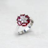 Candame 18k White Gold 0.60ct Ruby & 0.25ct Diamond Floral Design Ring