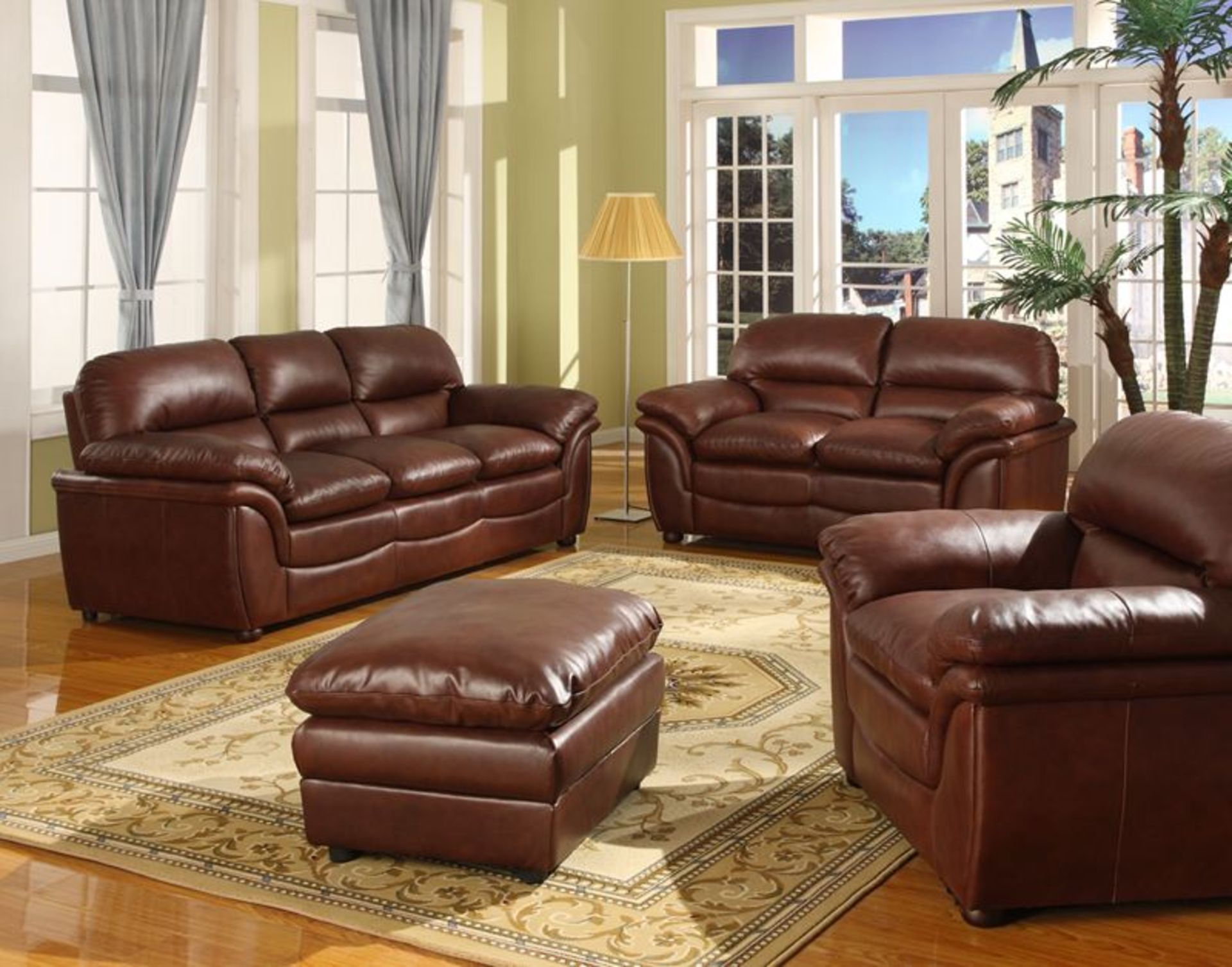 Veronica 2 seater sofa in shiny brown leather plus 2 veronica shiny brown leather arm chairs