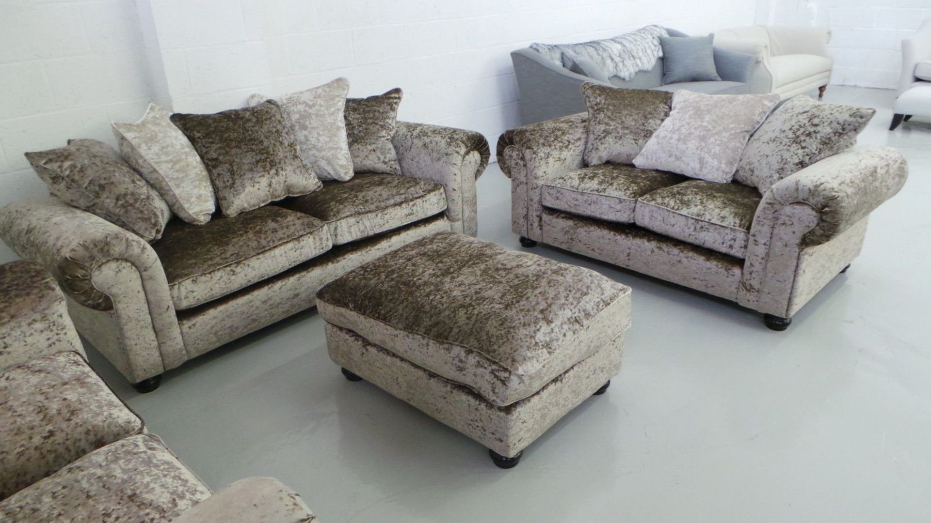 Scarpa deluxe 3 seater sofa in mink shimmer crushed velvet