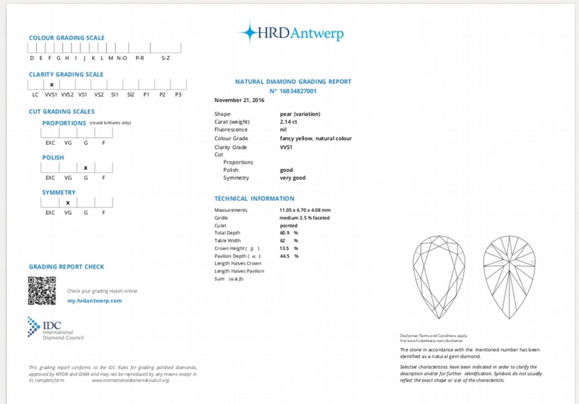 2.14ct single pear shaped diamond, fancy yellow, VVS1 clarity. Measures 11.05 x 6.70 x 4.08mm. HRD - Image 6 of 6