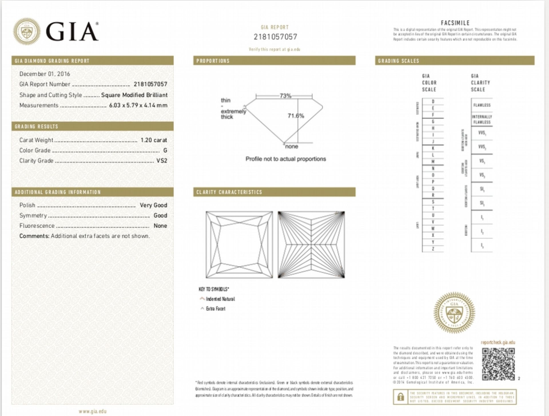 1.20ct single princess cut diamond, G colour VS2 clarity. Measures 6.03 x 5.79 x 4.14mm. GIA - Image 6 of 6