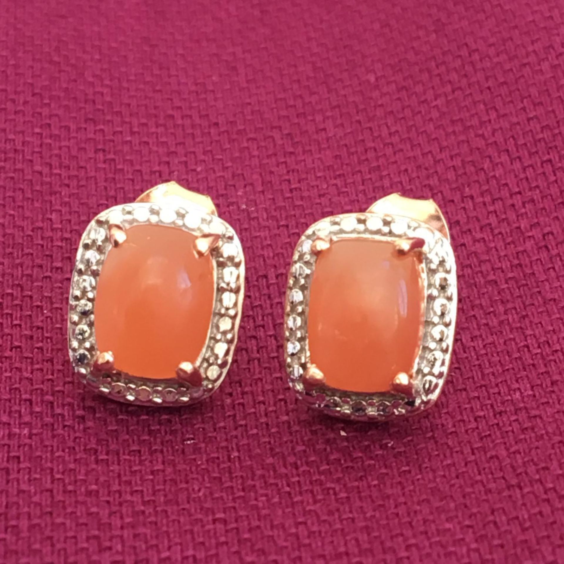 Peach moonstone stud earrings with butterfly backs in rose gold over 925 silver