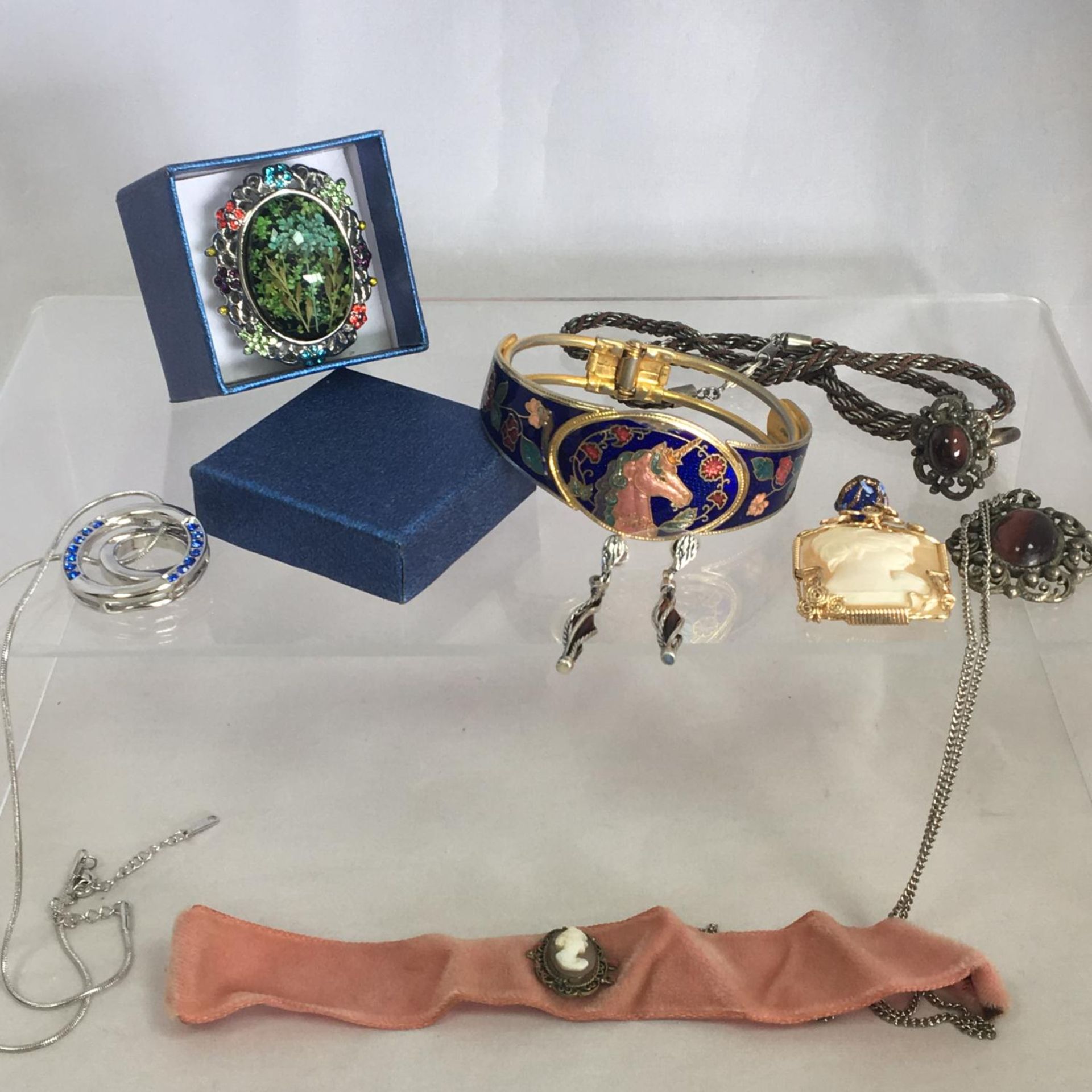 A selection of pre-owned vintage costume jewellery to include an enamelled unicorn bangle, cameos