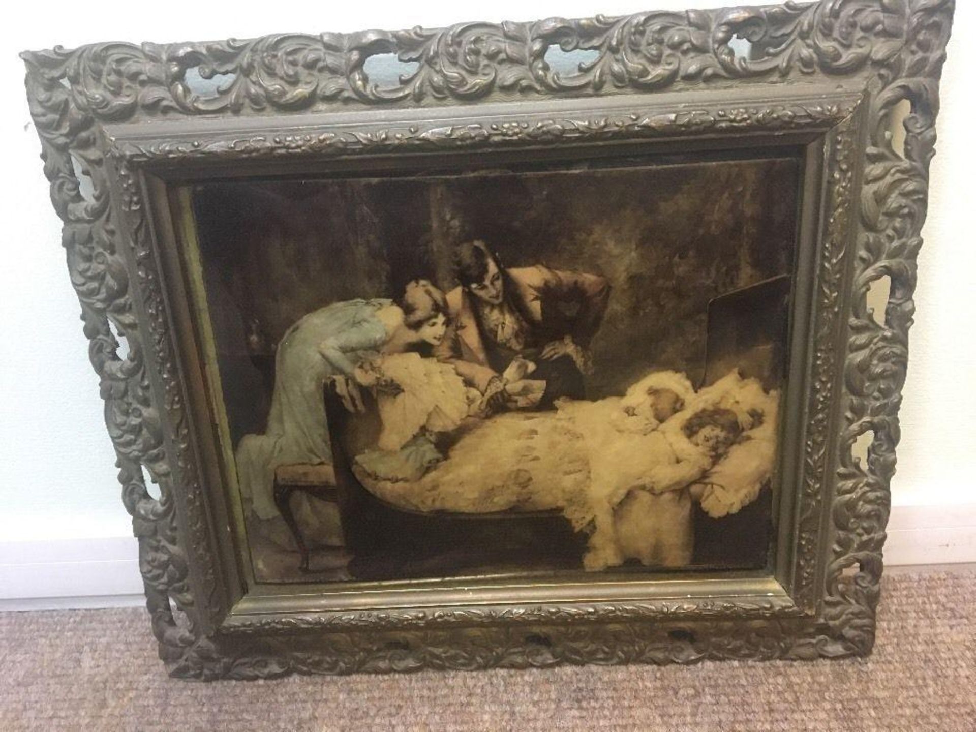 Victorian crystoleum Maud Goodman Santa Claus in original ornate gilt frame. A beautiful