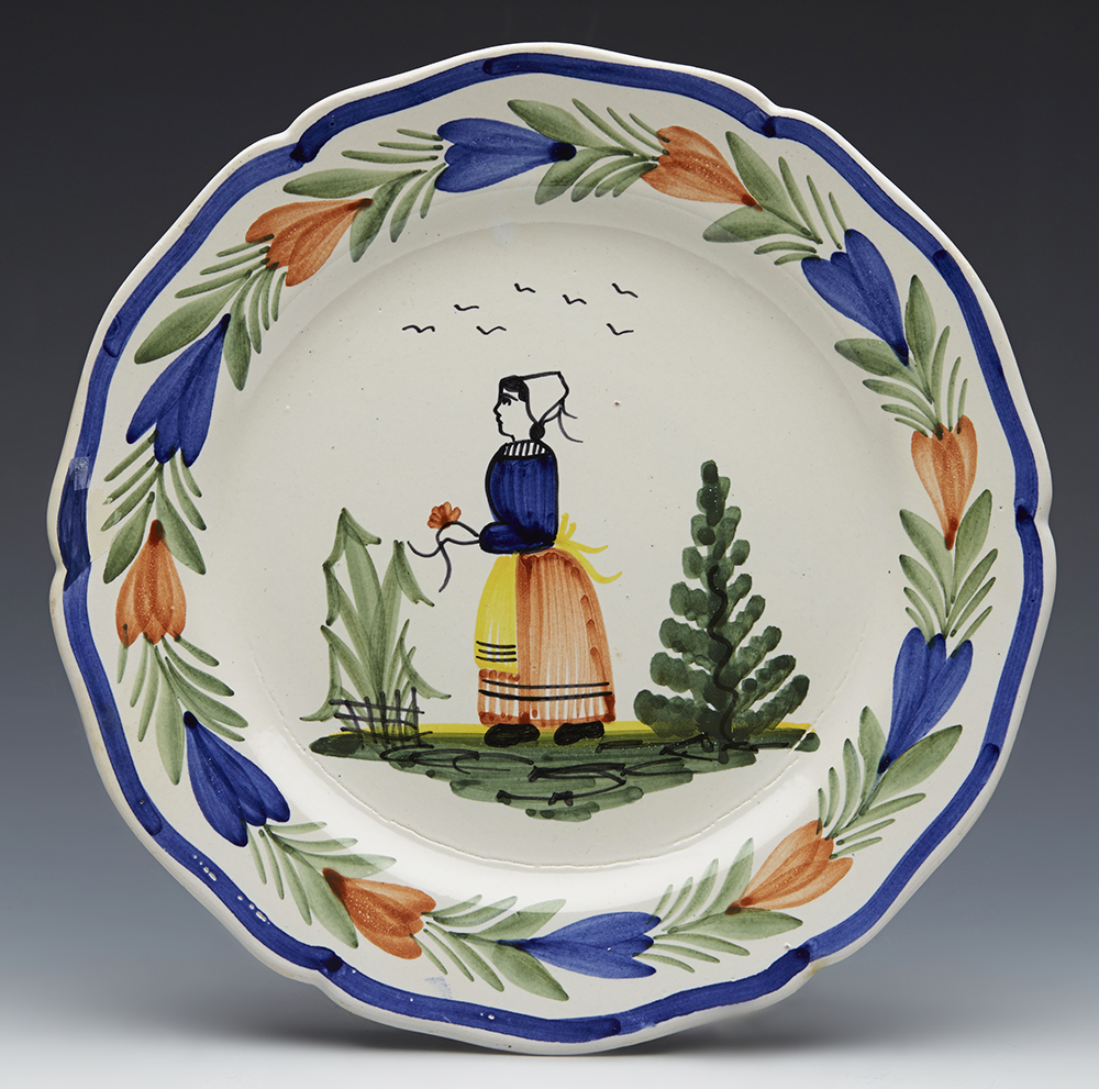 VINTAGE HENRIOT QUIMPER FAIENCE BRETON LADY PLATE 20TH C.