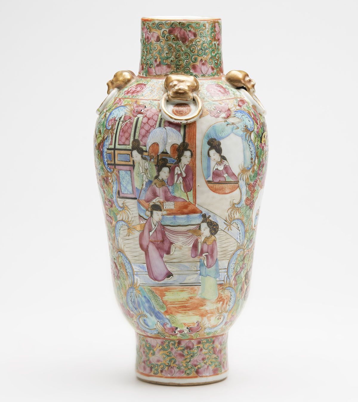 ANTIQUE CHINESE FAMILLE ROSE VASE WITH RING HANDLES 19TH C.