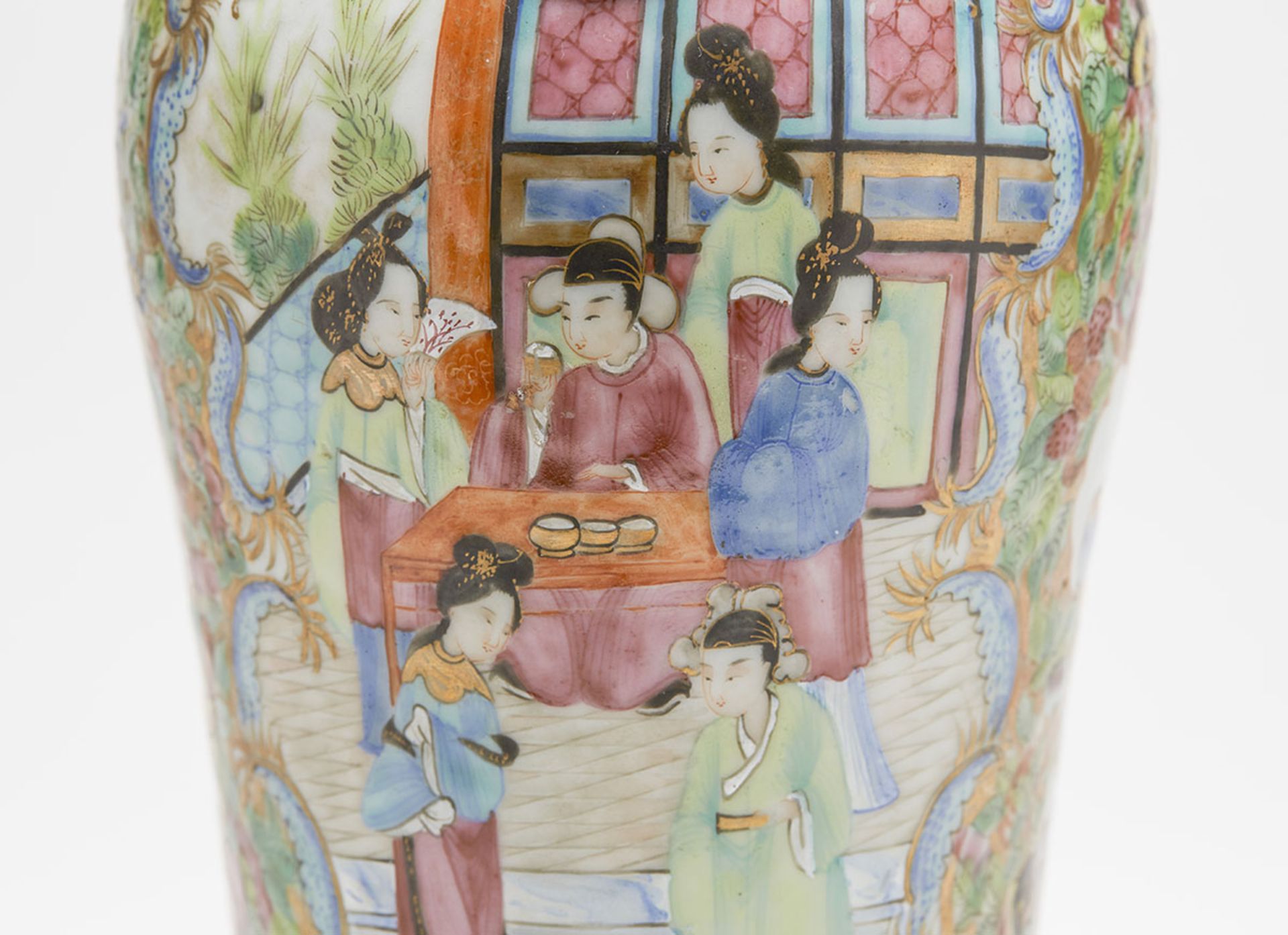 ANTIQUE CHINESE FAMILLE ROSE VASE WITH RING HANDLES 19TH C. - Image 9 of 10