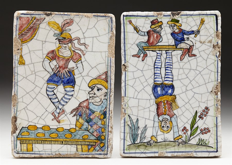 PAIR ANTIQUE ITALIAN MAIOLICA TILES WITH ENTERTAINERS EARLY 19TH C.