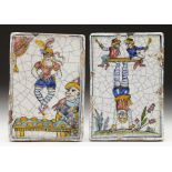 PAIR ANTIQUE ITALIAN MAIOLICA TILES WITH ENTERTAINERS EARLY 19TH C.