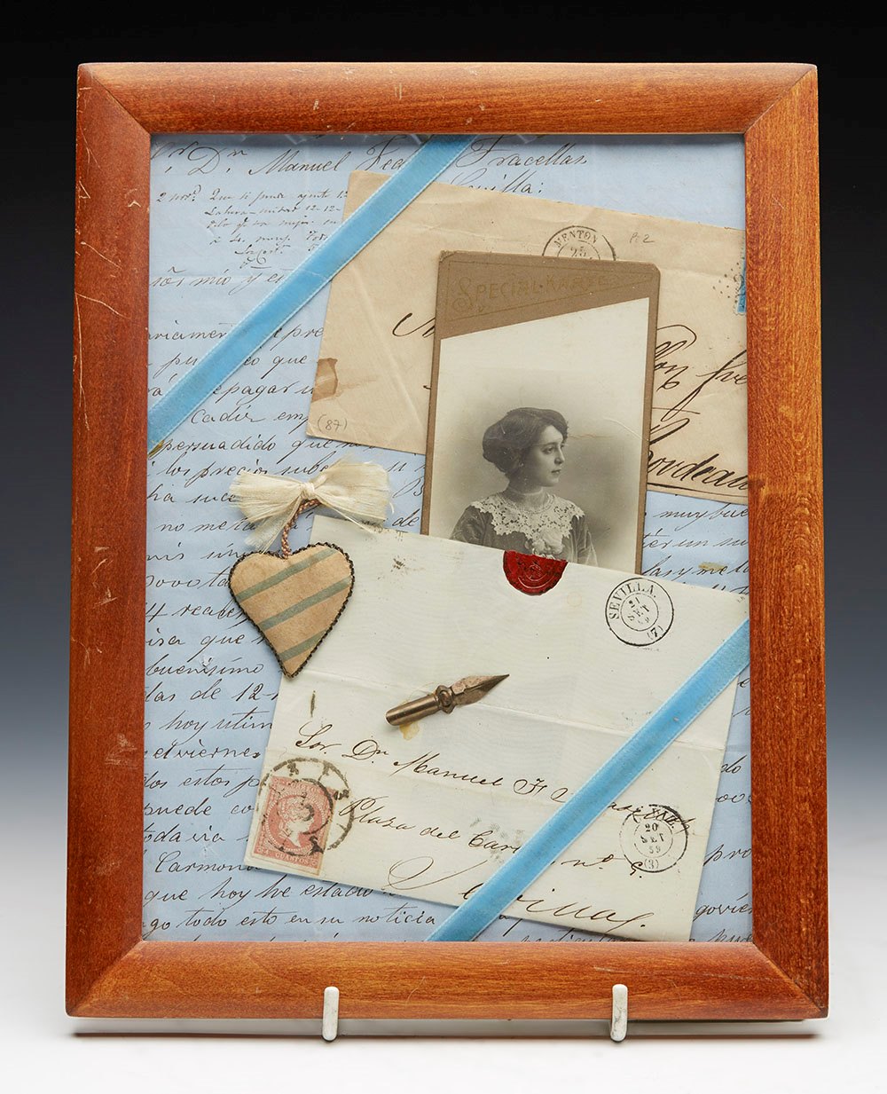 ANTIQUE FRAMED LOVE TOKENS & LETTERS COLLAGE c.1859