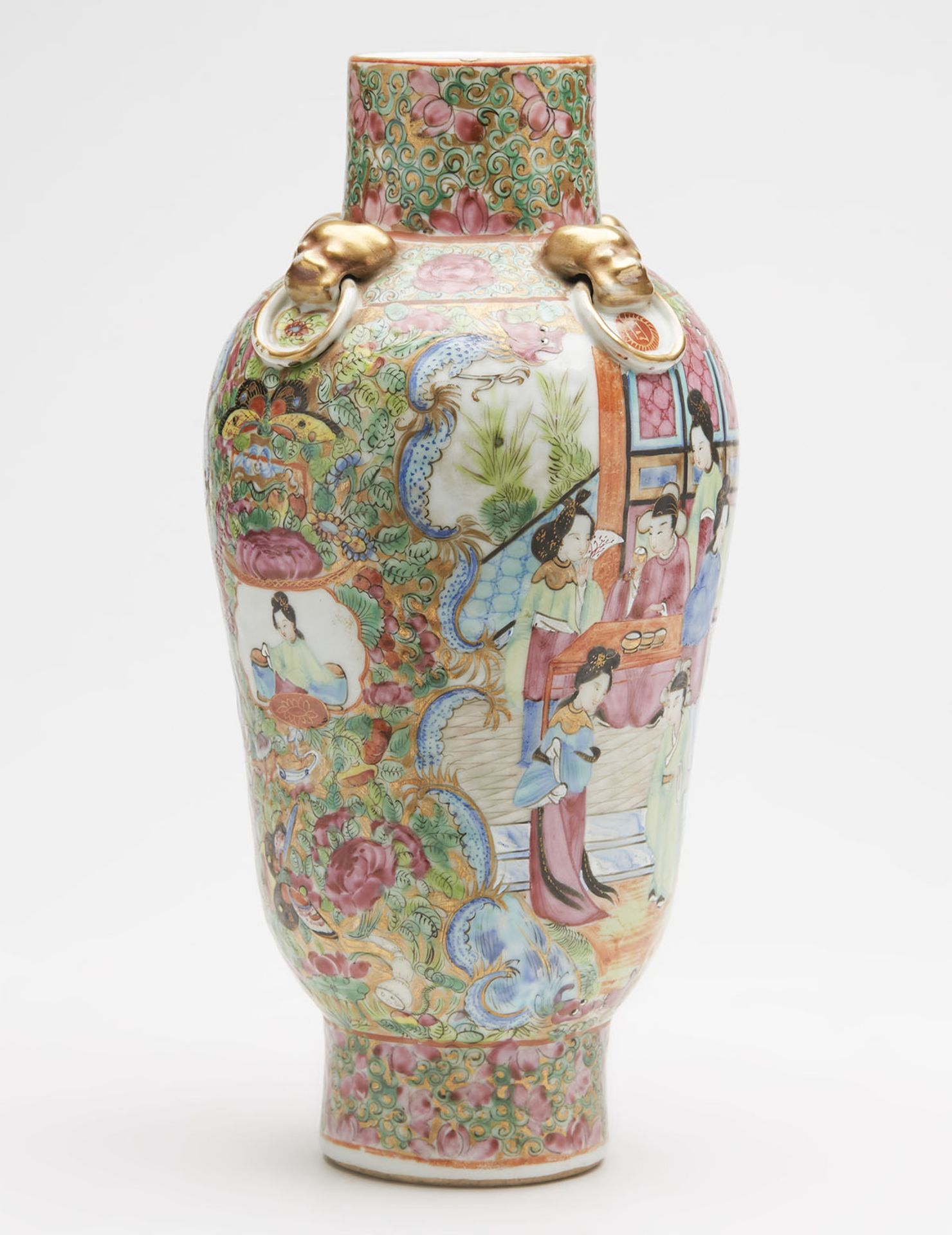 ANTIQUE CHINESE FAMILLE ROSE VASE WITH RING HANDLES 19TH C. - Image 8 of 10