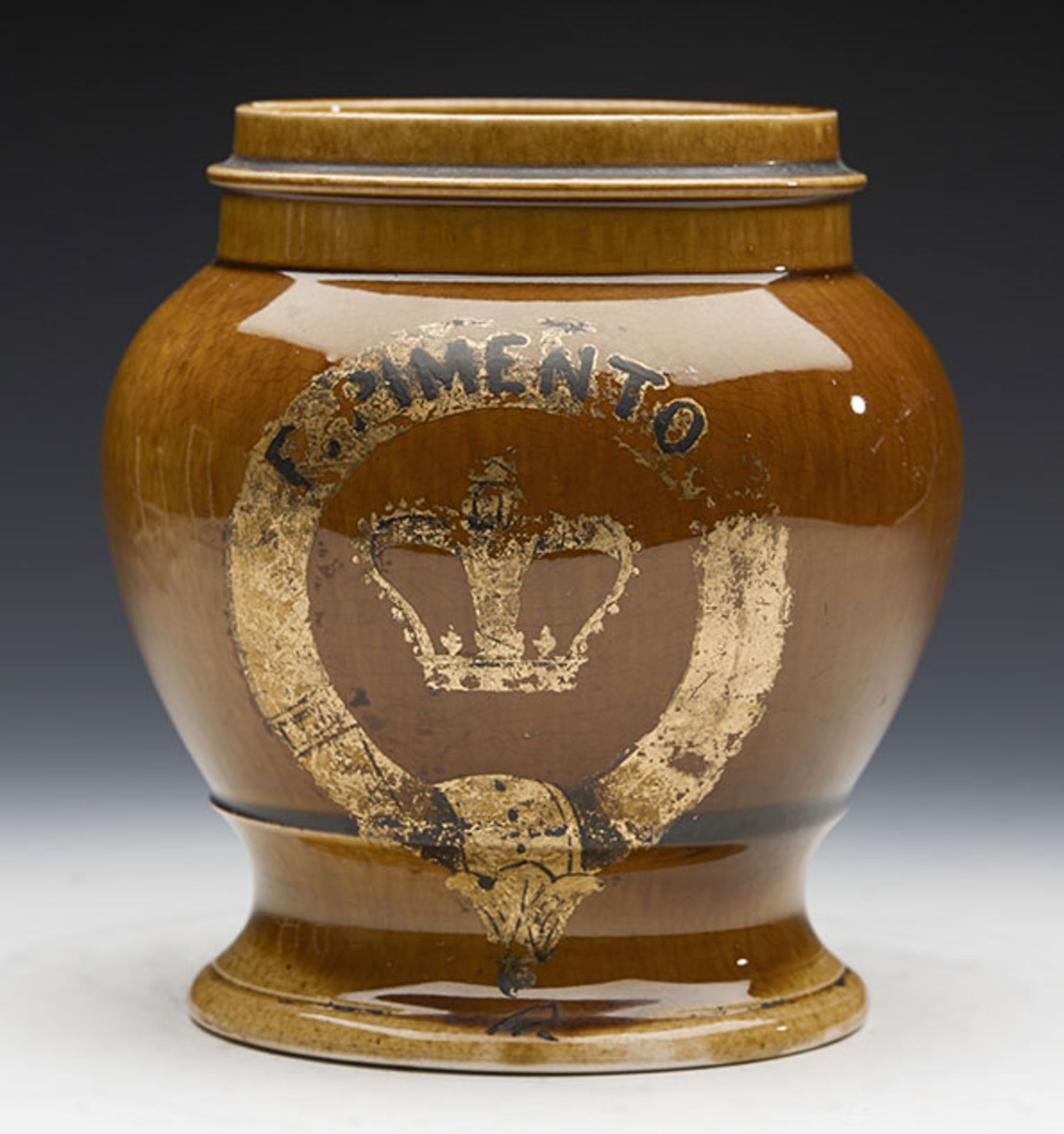 ANTIQUE TREACLE GLAZED TOBACCO JAR MARKED PIMENTO 19TH C.