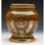 ANTIQUE TREACLE GLAZED TOBACCO JAR MARKED PIMENTO 19TH C.