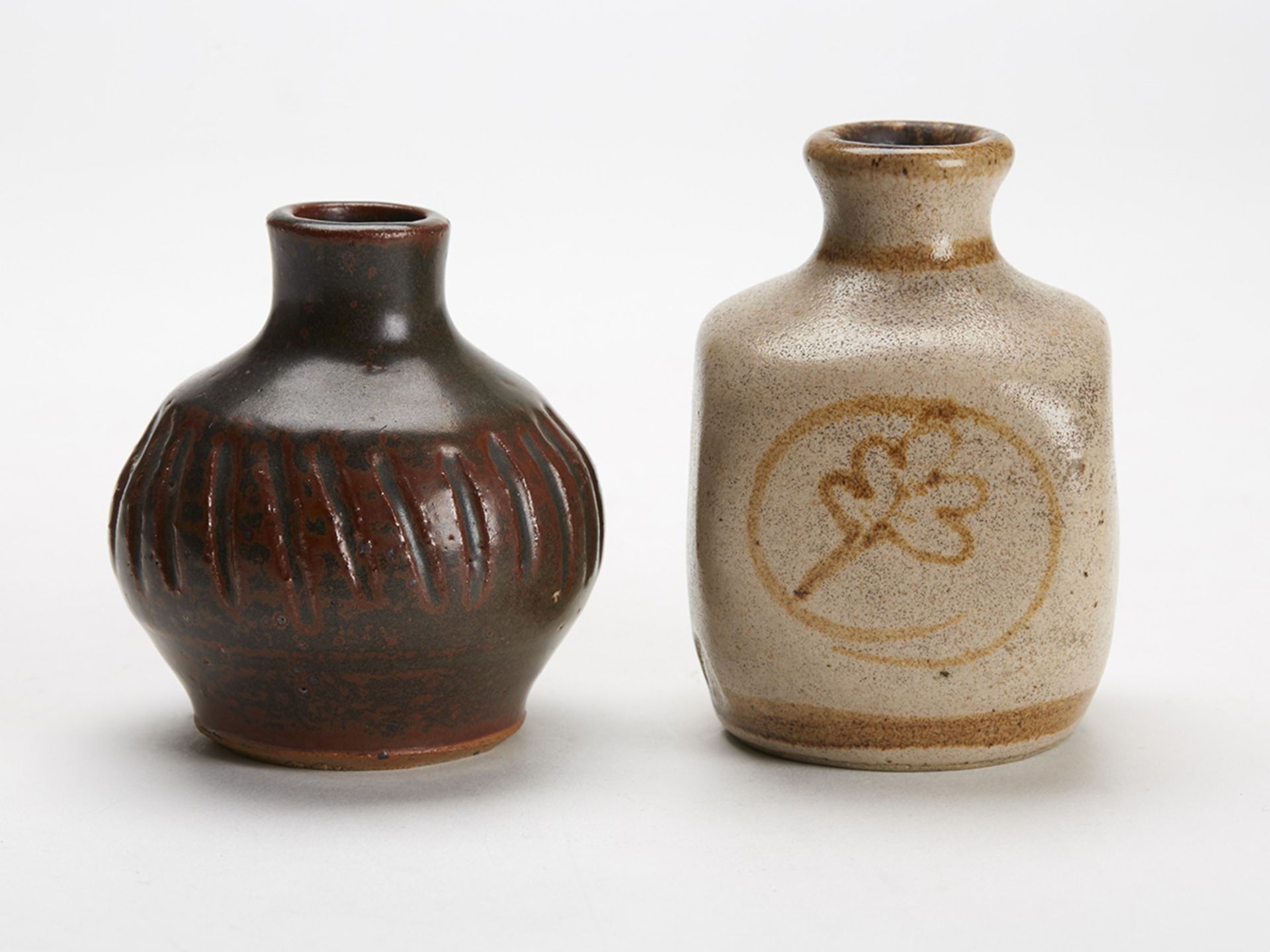 TWO VINTAGE STUDIO POTTERY SMALL VASES IN BROWN GLAZES 20 C