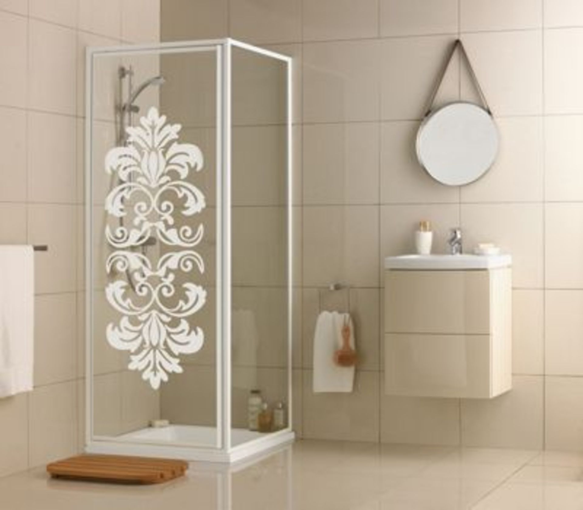 (AAA143) Aqualux Crystal Pivot Shower Enclosure - 760 x 760mm - White Damask. Brand New & Sealed.