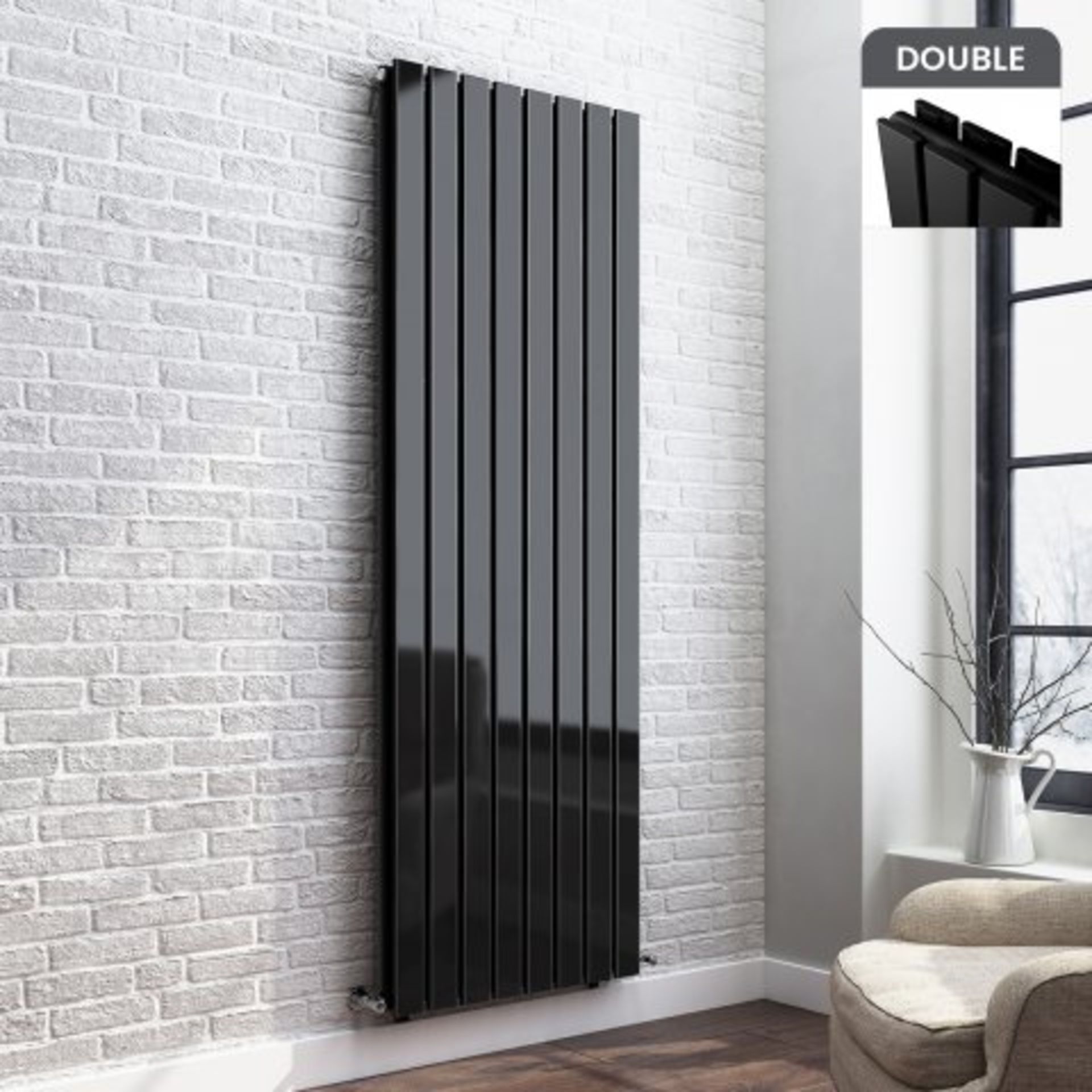 (M8) 1800x608mm Gloss Black Double Flat Panel Vertical Radiator - Thera Range. RRP £624.99. Our