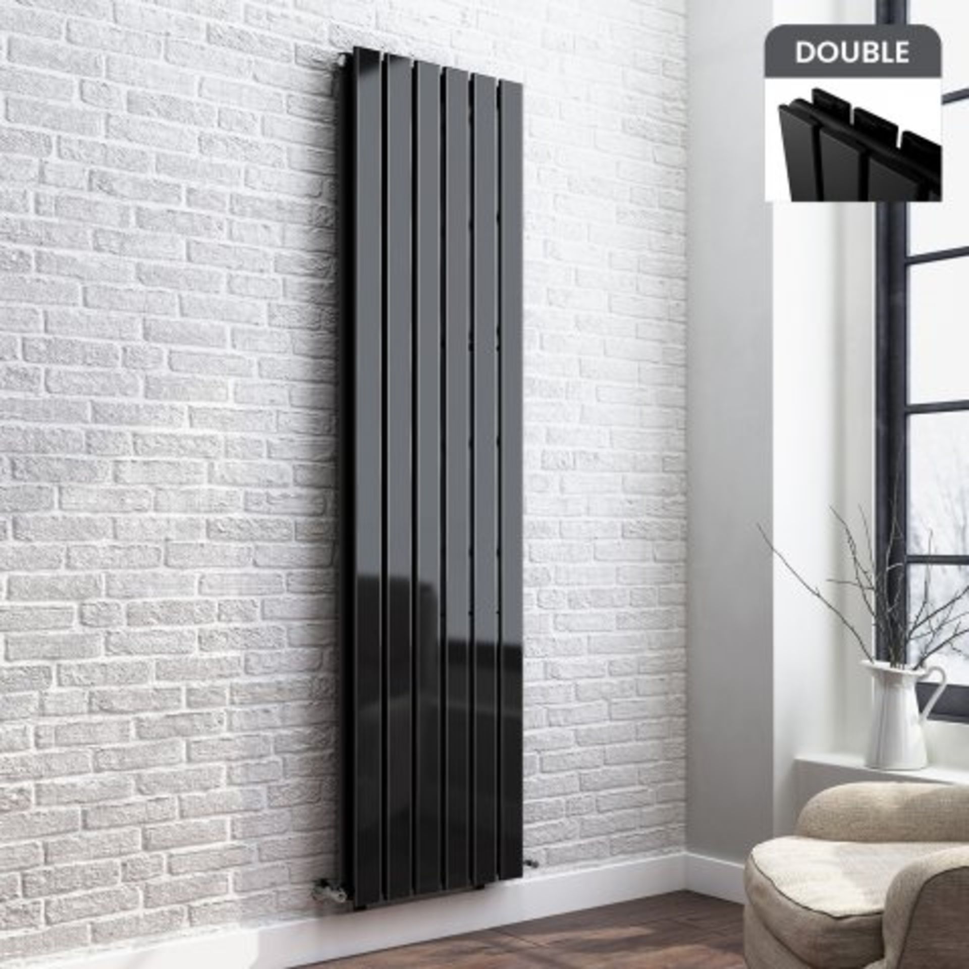 (M77) 1800x458mm Gloss Black Double Flat Panel Vertical Radiator - Thera Range. RRP £524.99. Our