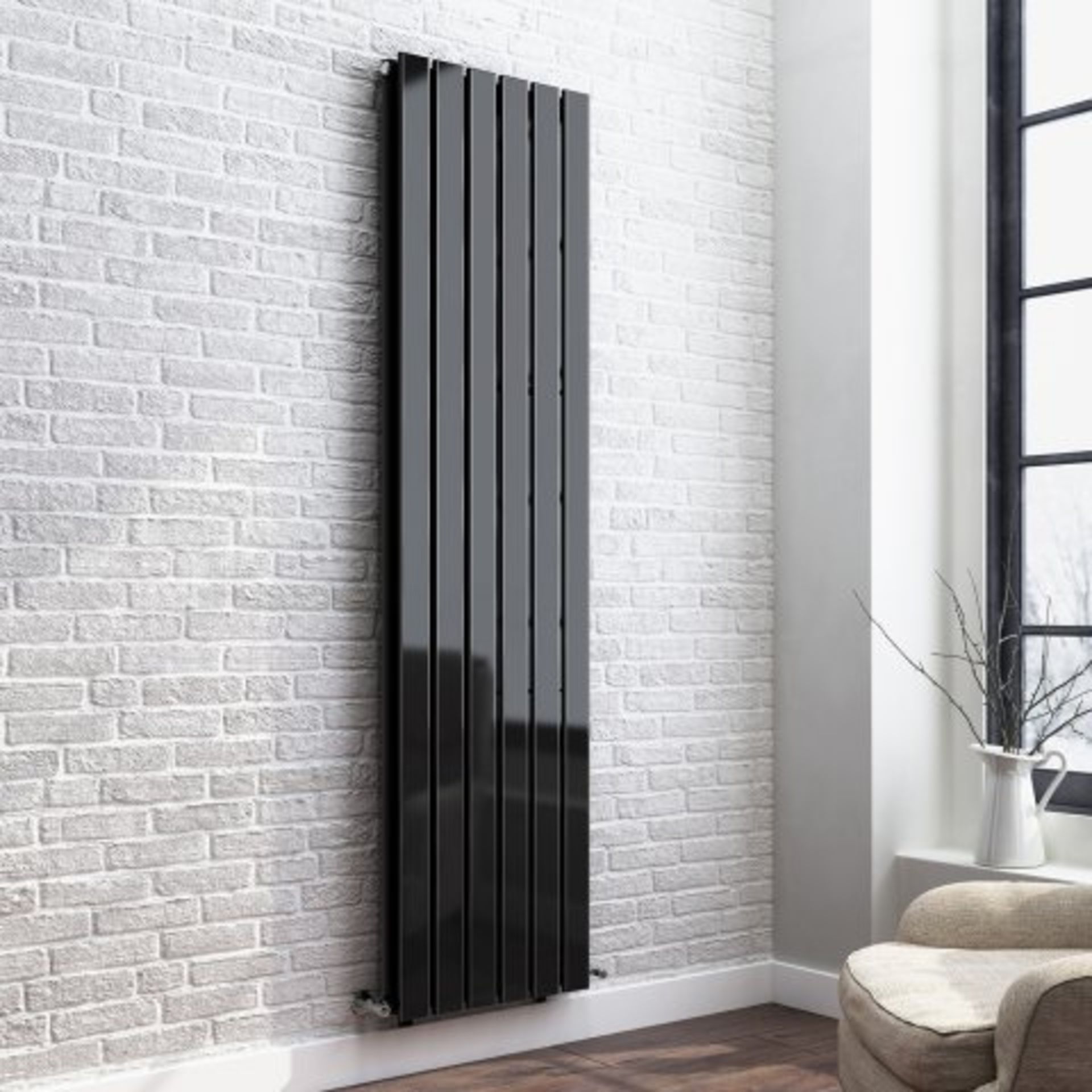 (M77) 1800x458mm Gloss Black Double Flat Panel Vertical Radiator - Thera Range. RRP £524.99. Our - Image 2 of 4