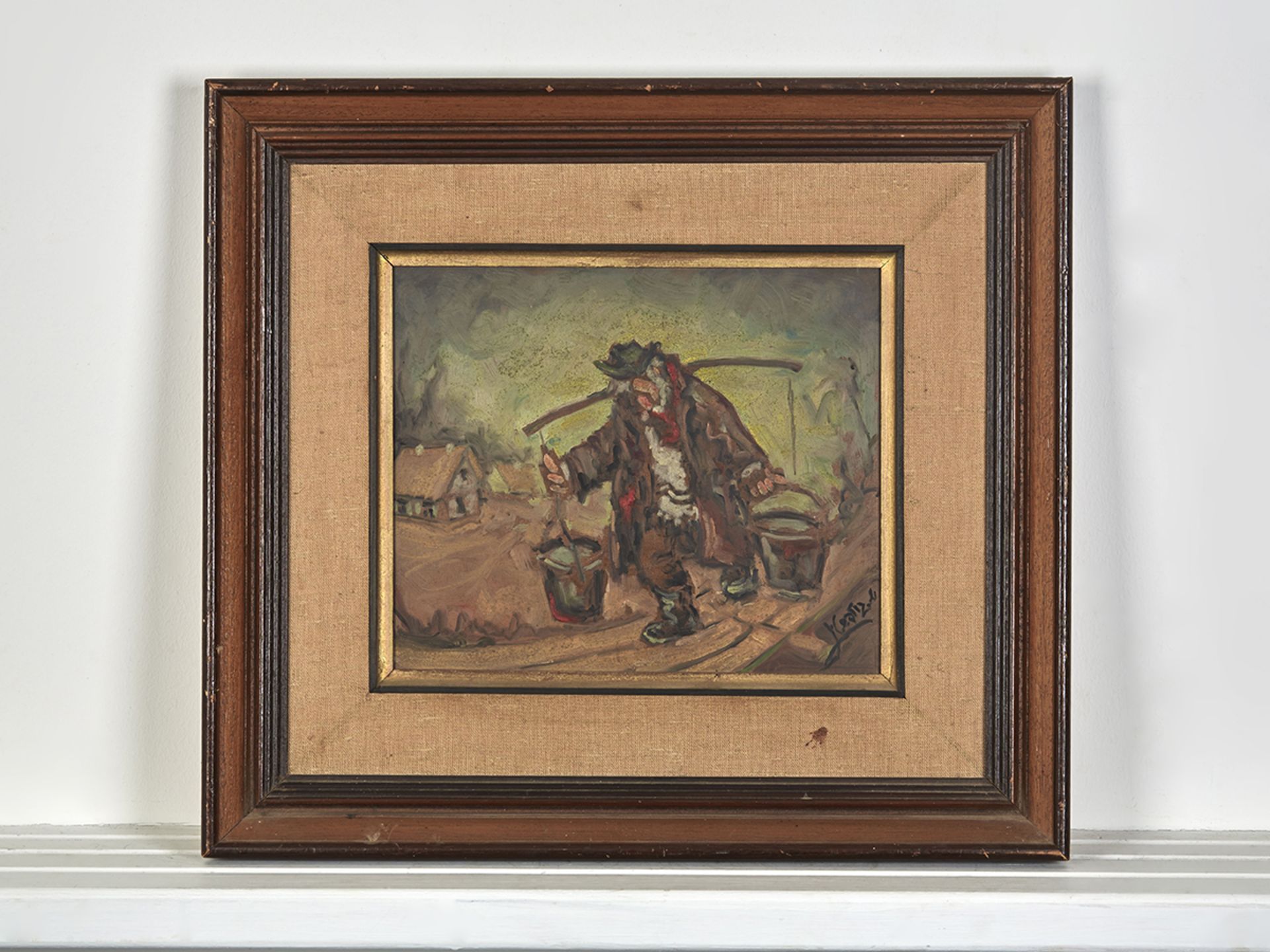 Man Carrying Buckets, Oil On Board, Signed, Mid 20Th C.